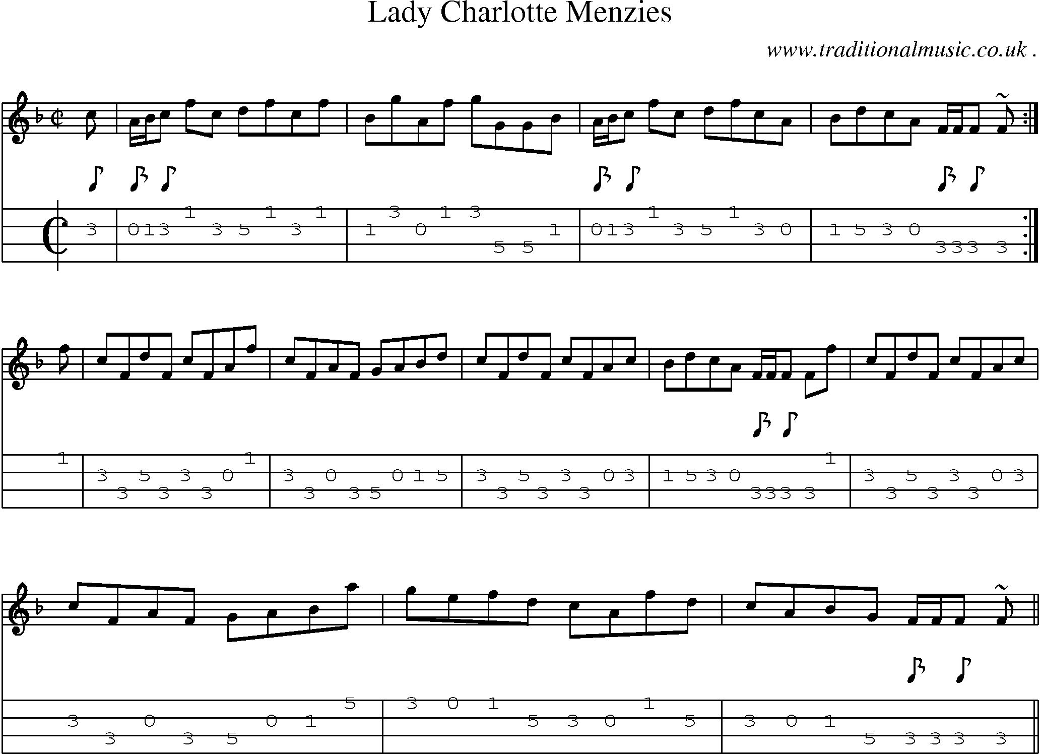 Sheet-music  score, Chords and Mandolin Tabs for Lady Charlotte Menzies