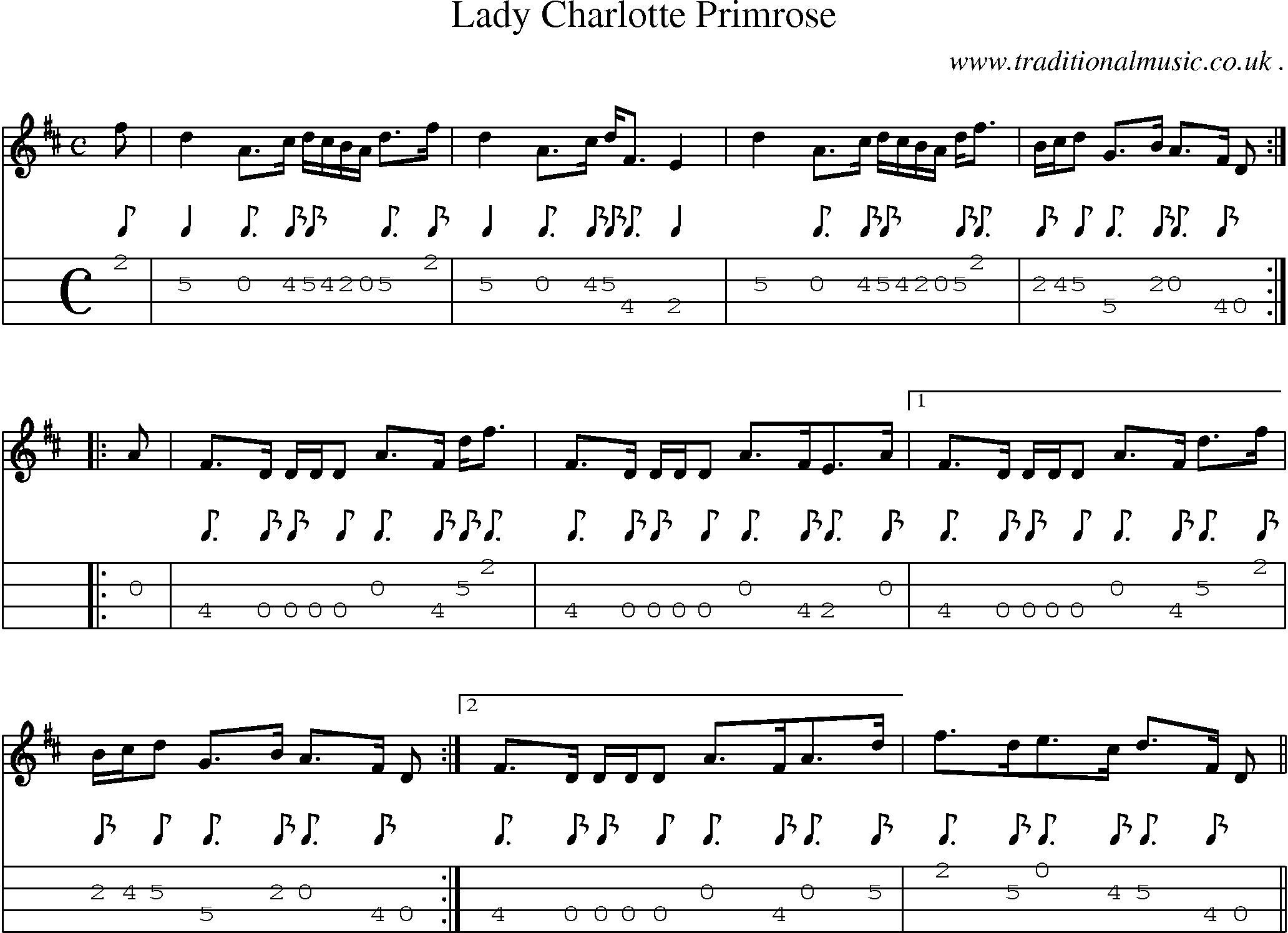 Sheet-music  score, Chords and Mandolin Tabs for Lady Charlotte Primrose