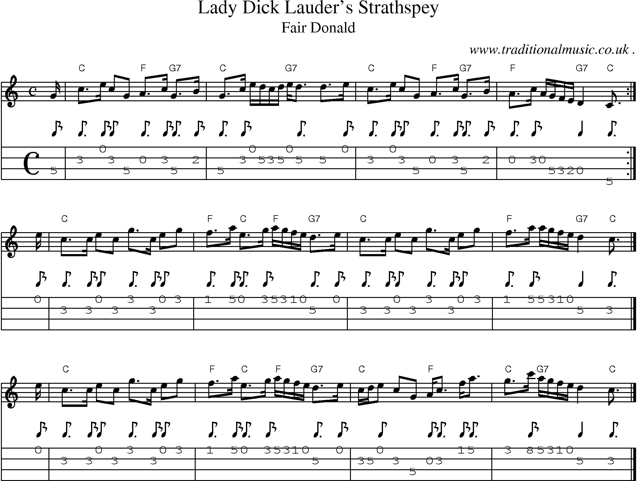 Sheet-music  score, Chords and Mandolin Tabs for Lady Dick Lauders Strathspey