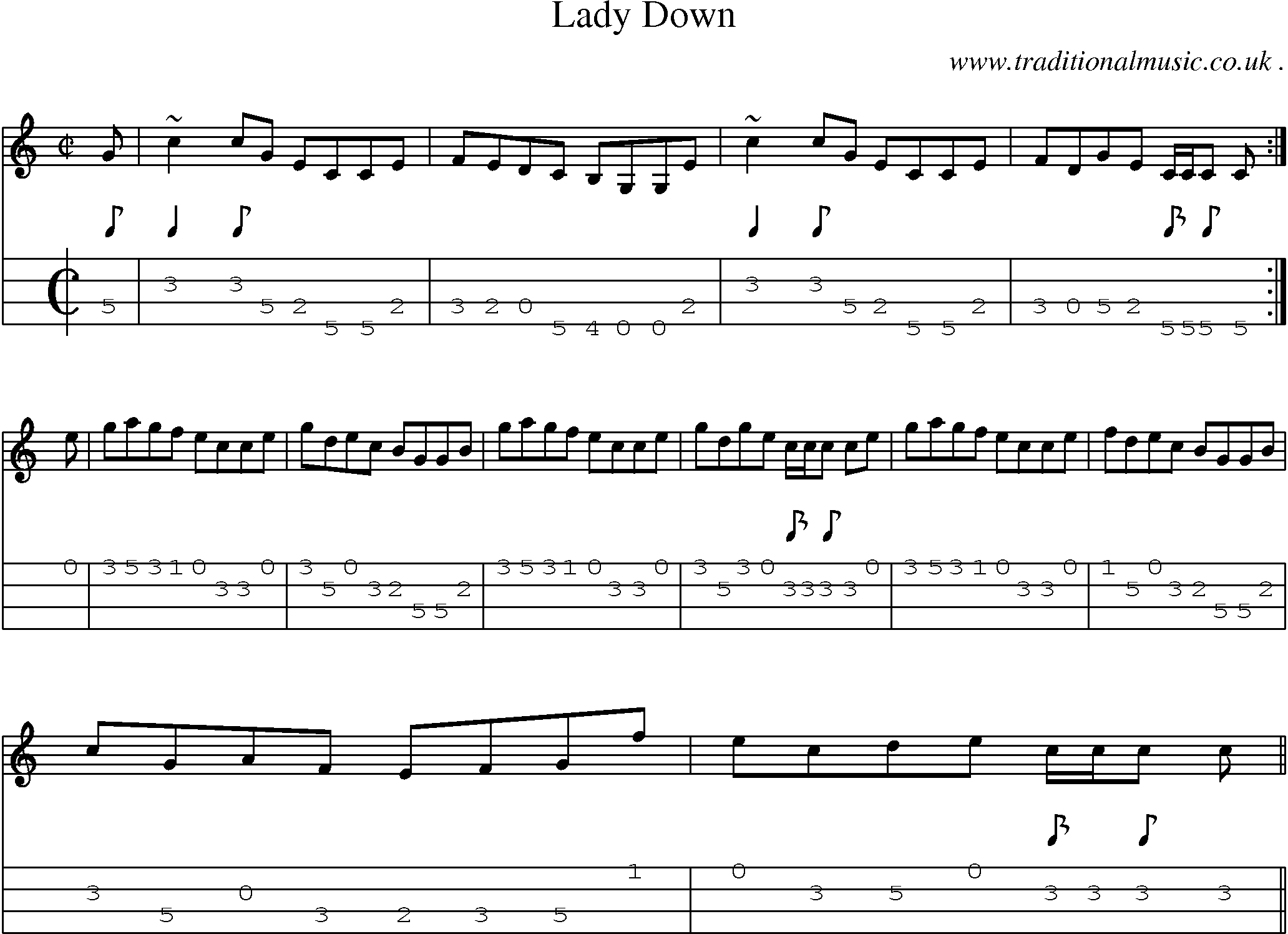 Sheet-music  score, Chords and Mandolin Tabs for Lady Down