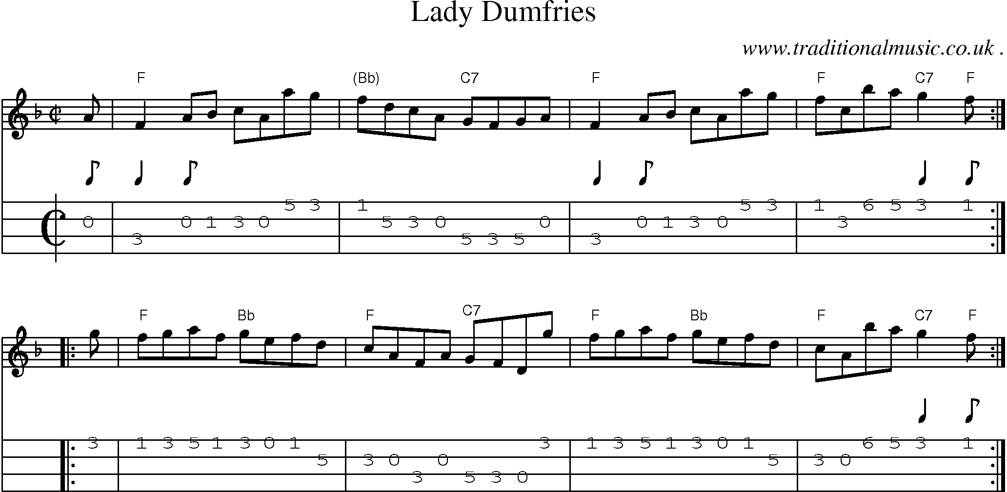 Sheet-music  score, Chords and Mandolin Tabs for Lady Dumfries