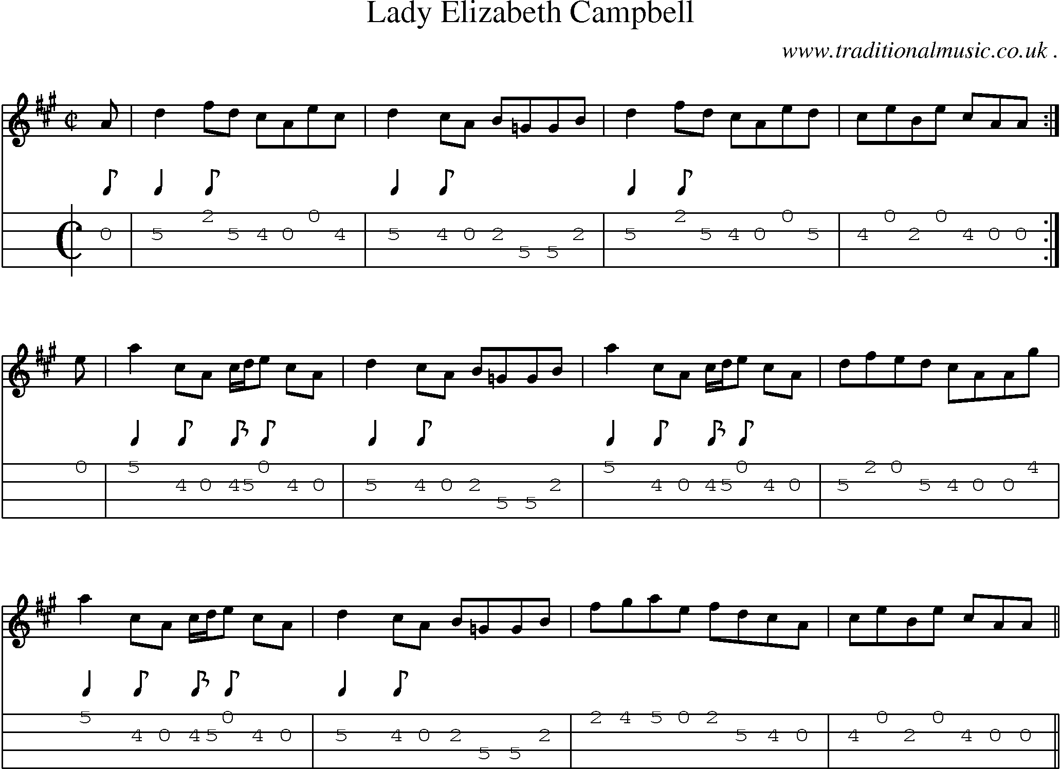 Sheet-music  score, Chords and Mandolin Tabs for Lady Elizabeth Campbell