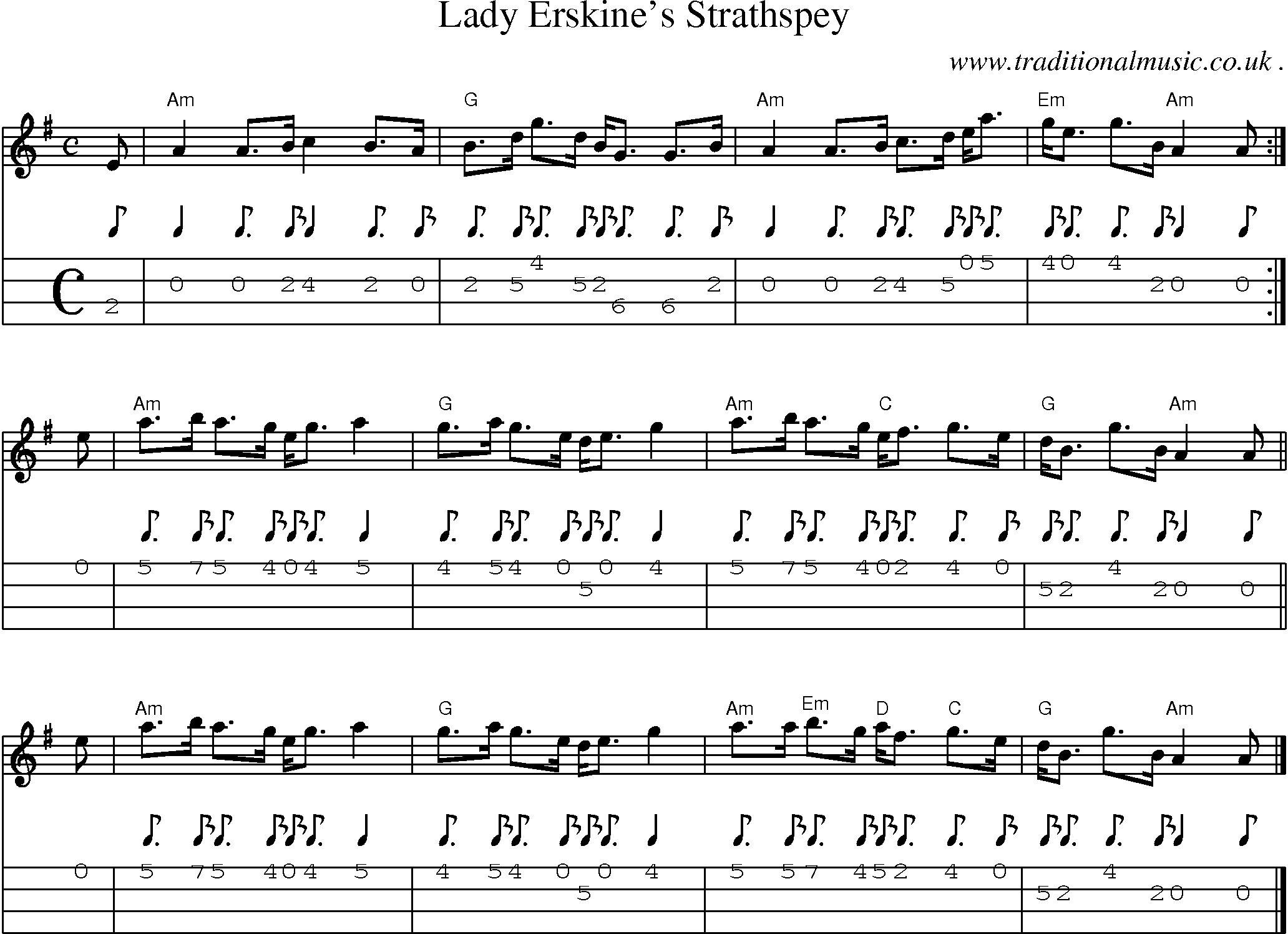 Sheet-music  score, Chords and Mandolin Tabs for Lady Erskines Strathspey