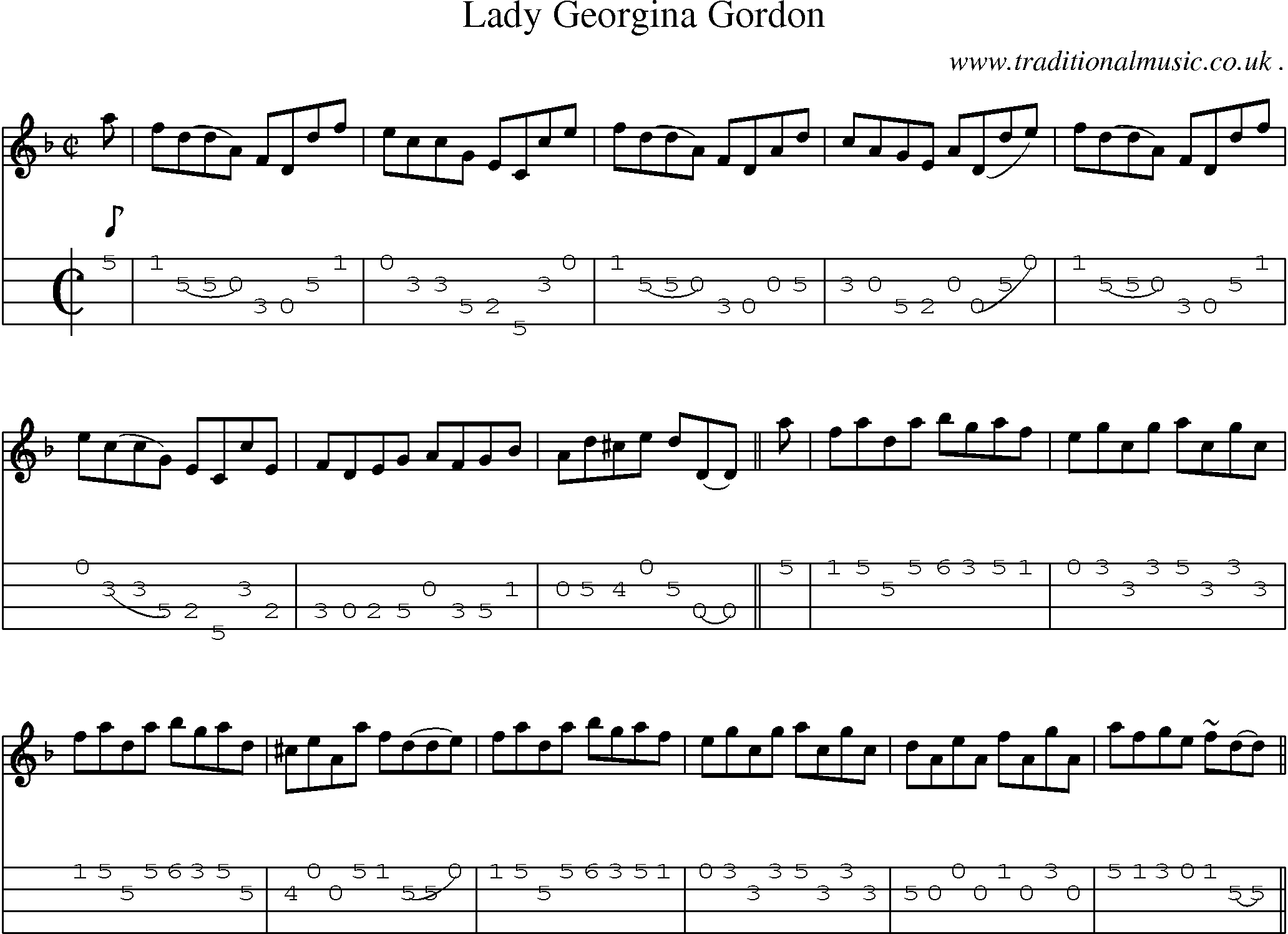 Sheet-music  score, Chords and Mandolin Tabs for Lady Georgina Gordon