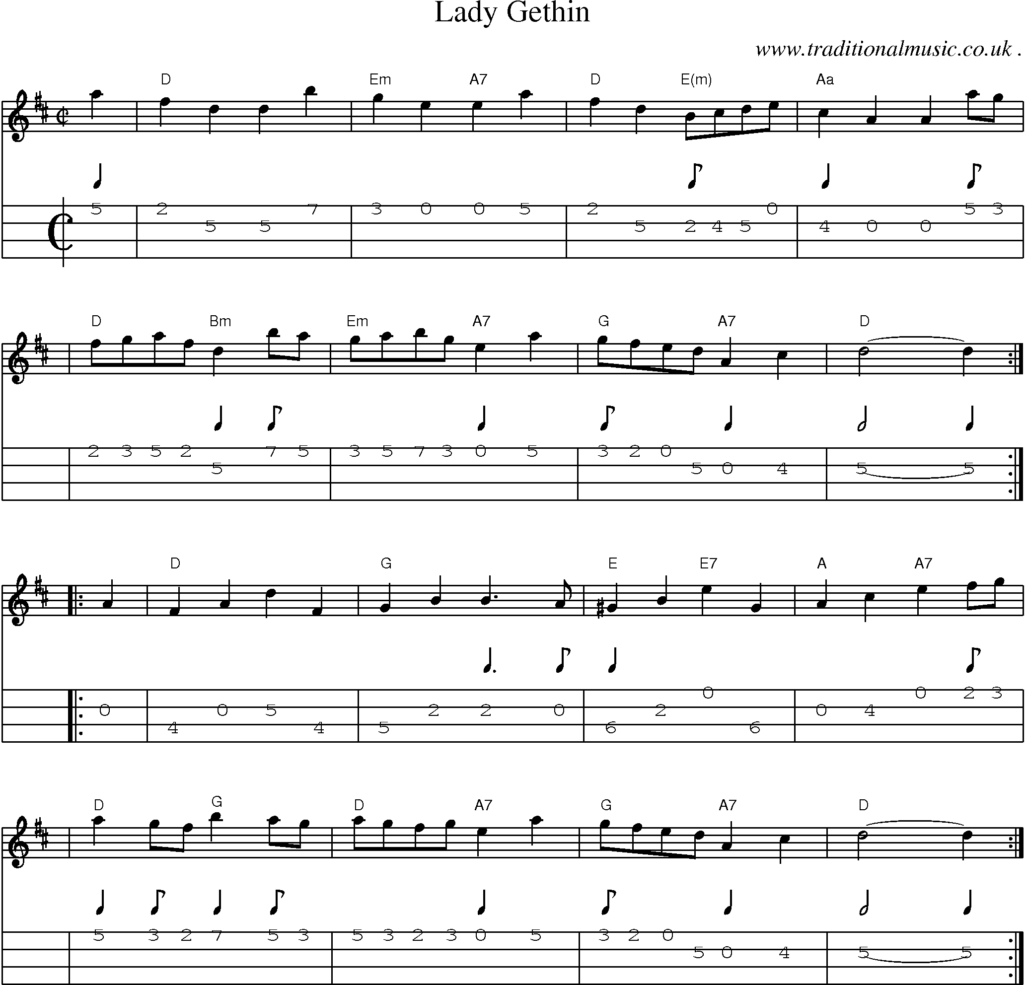 Sheet-music  score, Chords and Mandolin Tabs for Lady Gethin