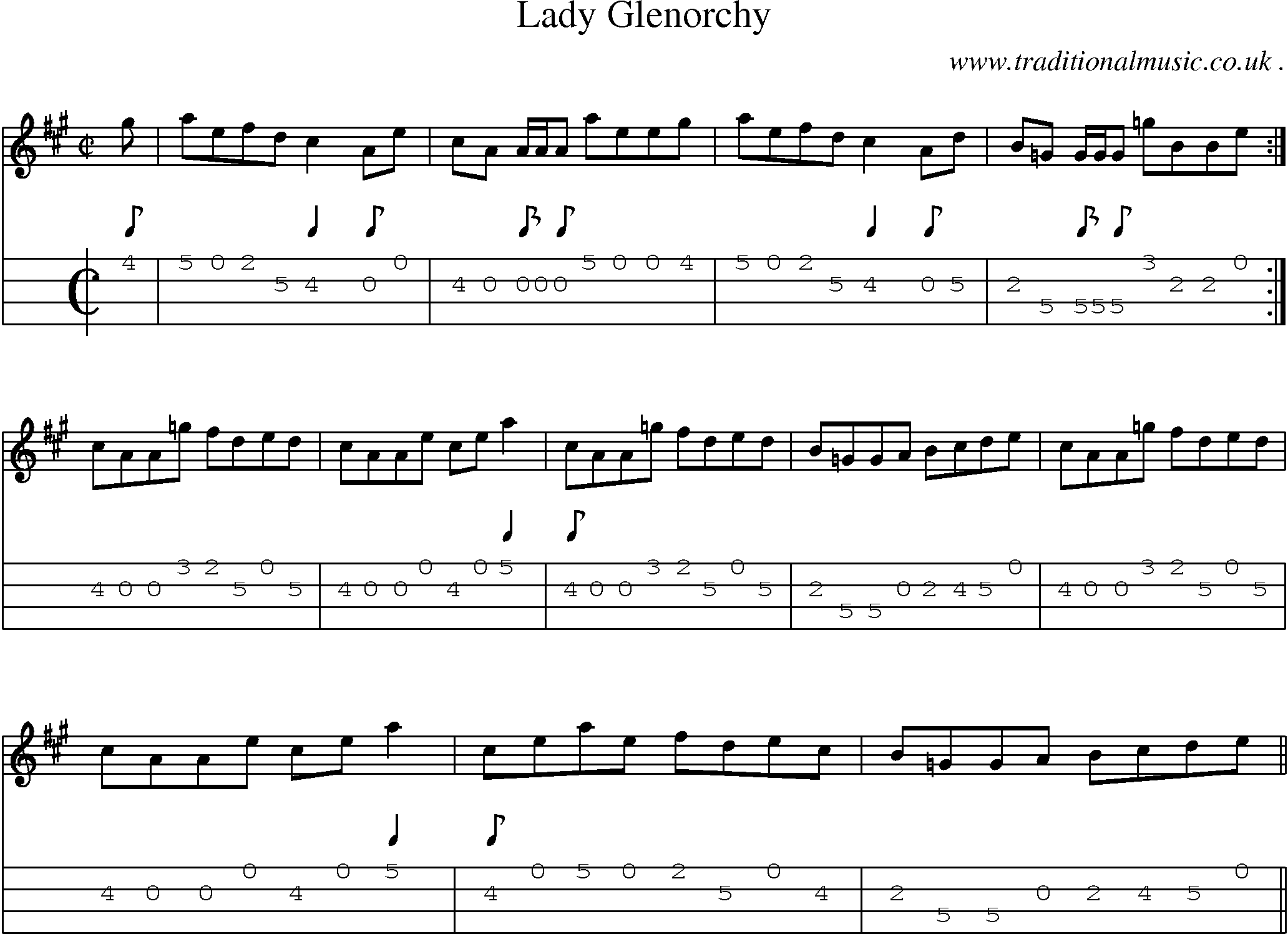 Sheet-music  score, Chords and Mandolin Tabs for Lady Glenorchy