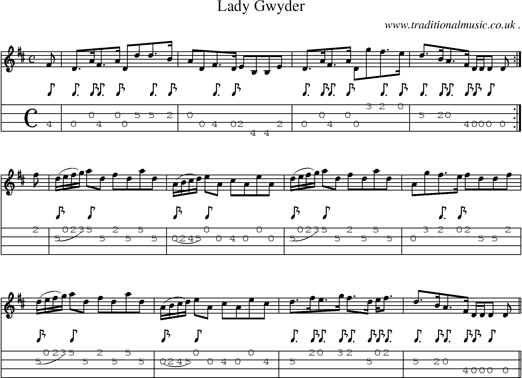 Sheet-music  score, Chords and Mandolin Tabs for Lady Gwyder