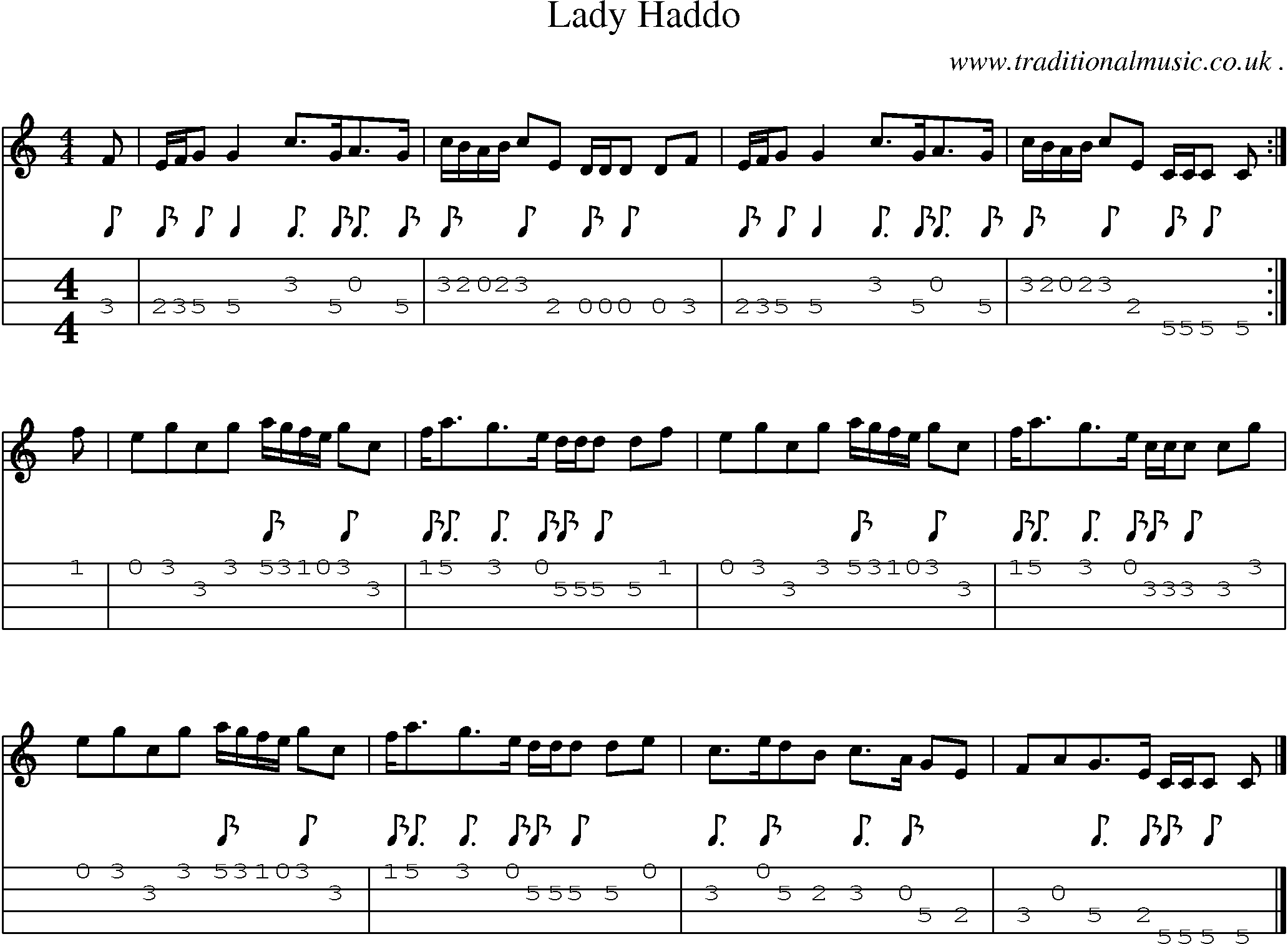 Sheet-music  score, Chords and Mandolin Tabs for Lady Haddo