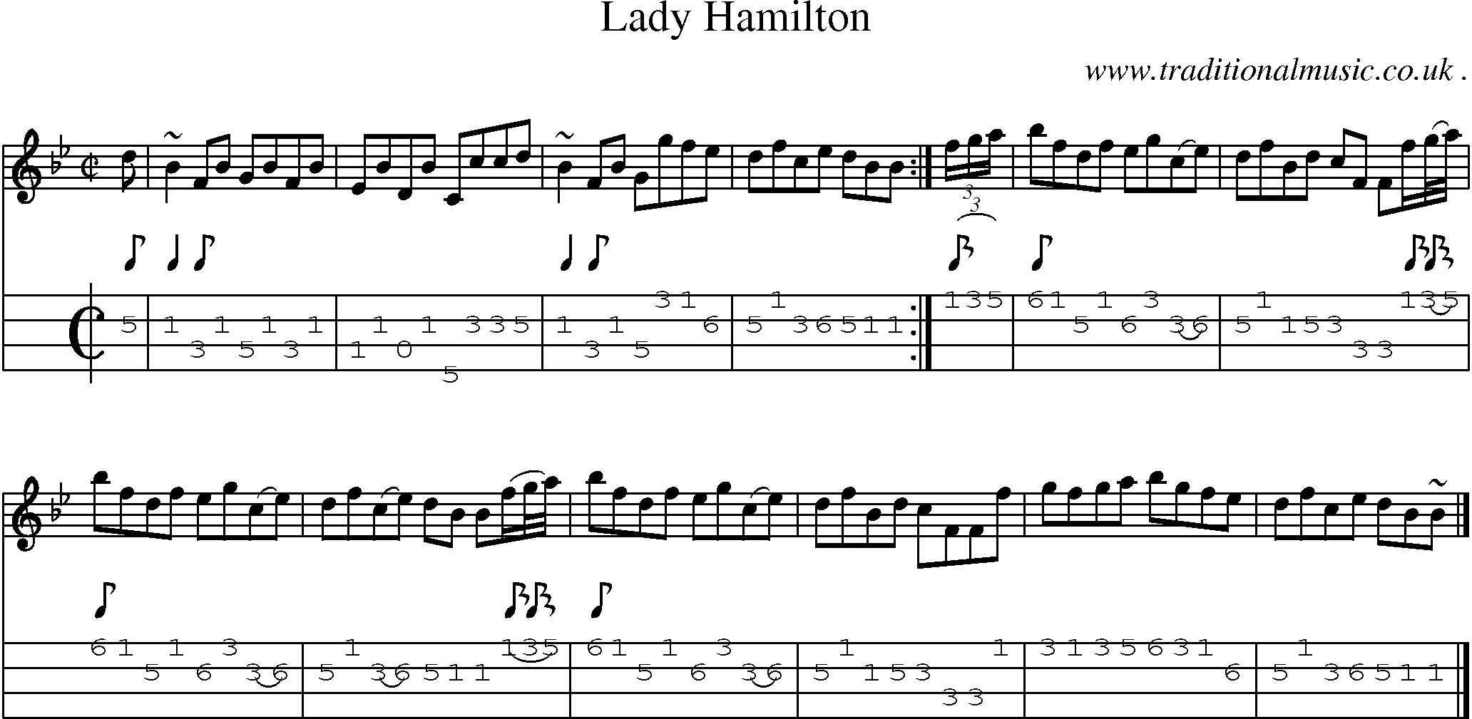 Sheet-music  score, Chords and Mandolin Tabs for Lady Hamilton