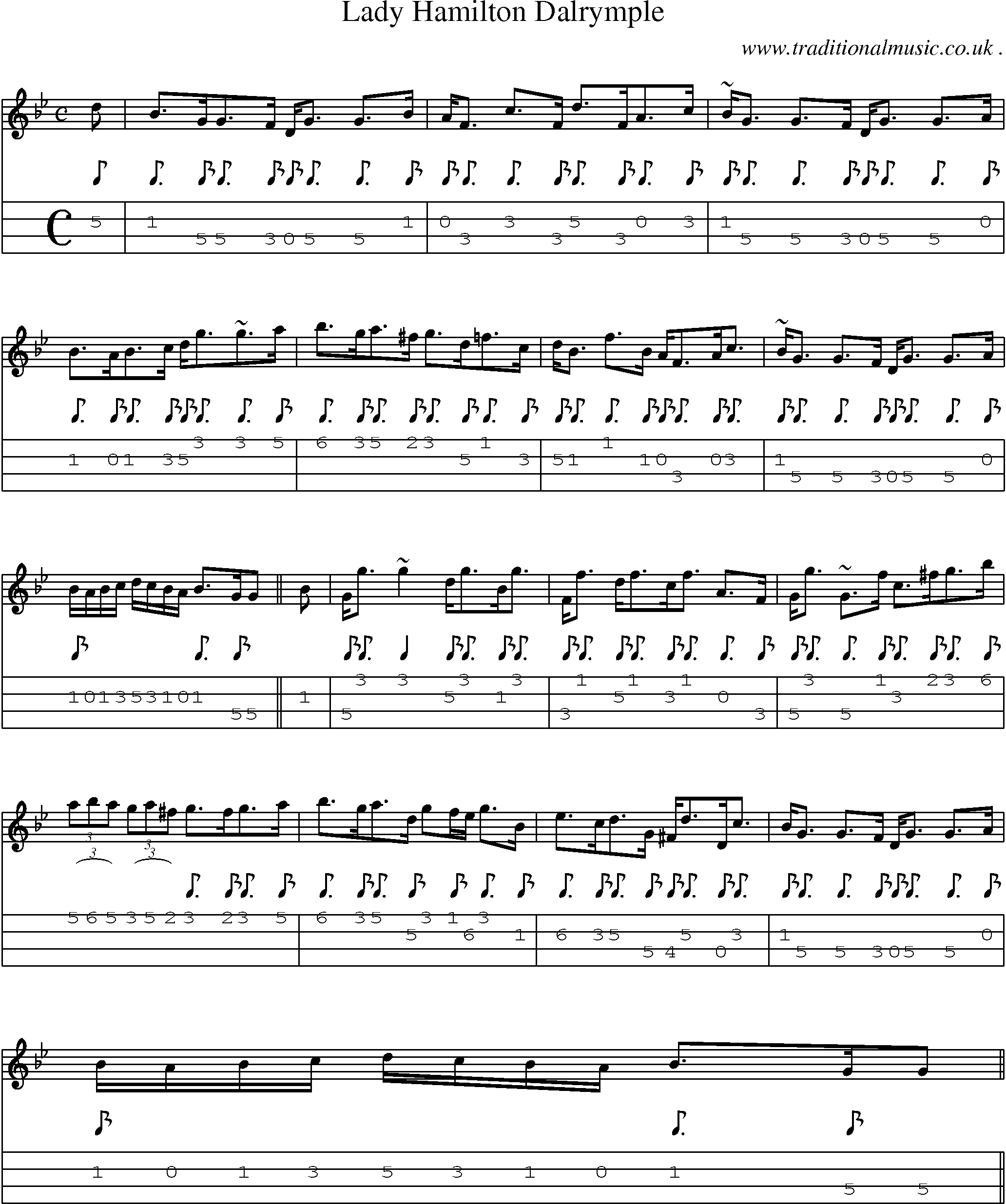 Sheet-music  score, Chords and Mandolin Tabs for Lady Hamilton Dalrymple