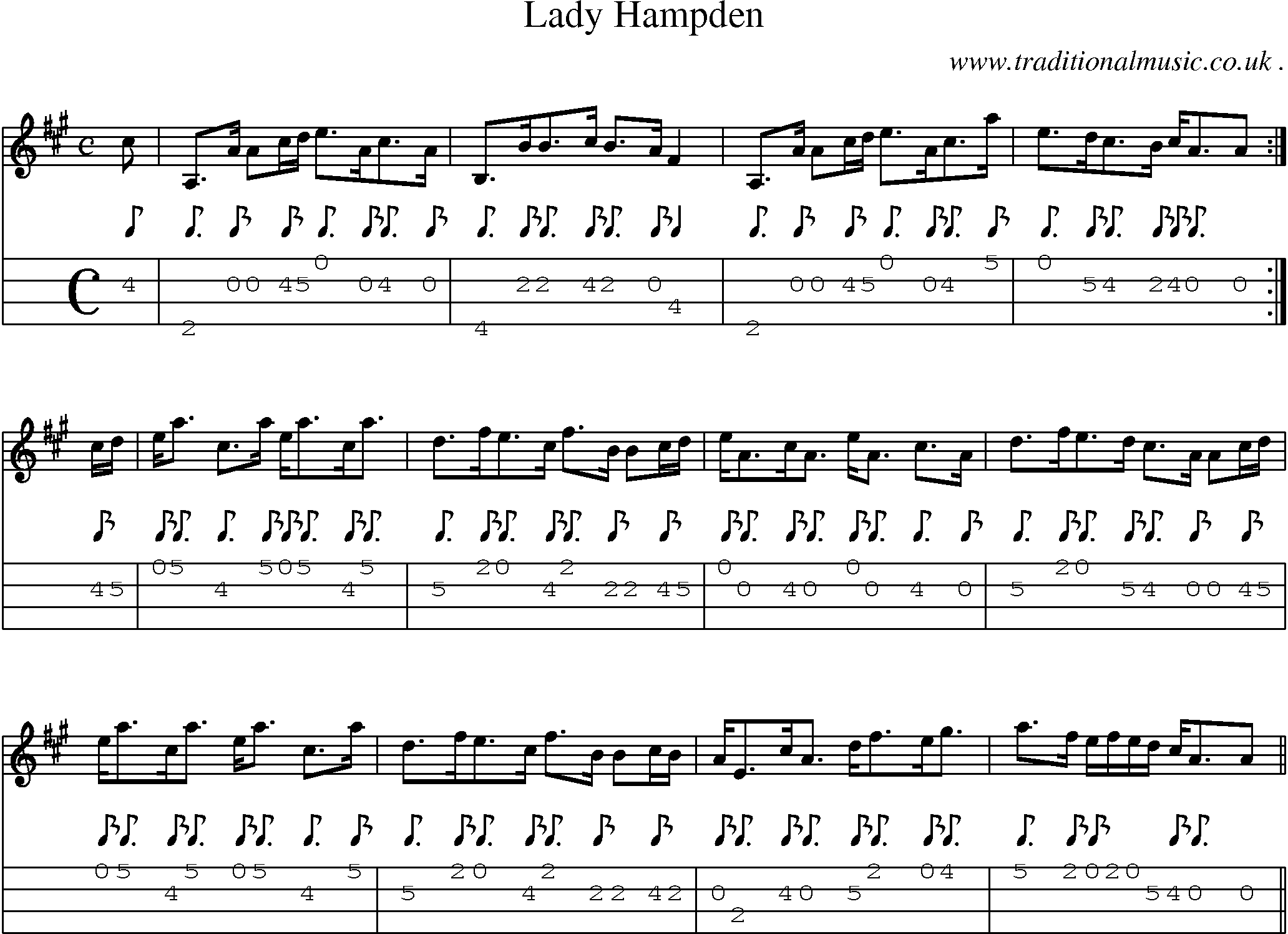 Sheet-music  score, Chords and Mandolin Tabs for Lady Hampden