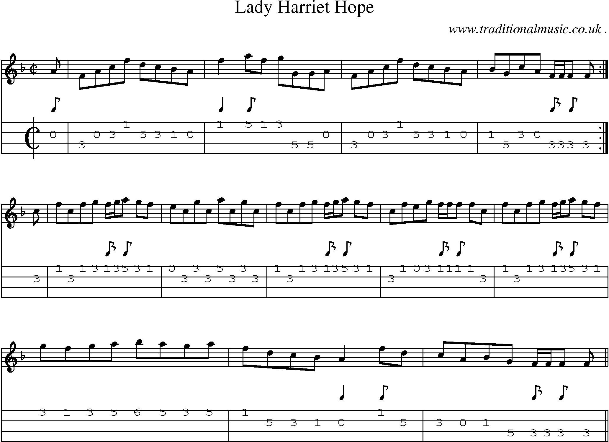 Sheet-music  score, Chords and Mandolin Tabs for Lady Harriet Hope
