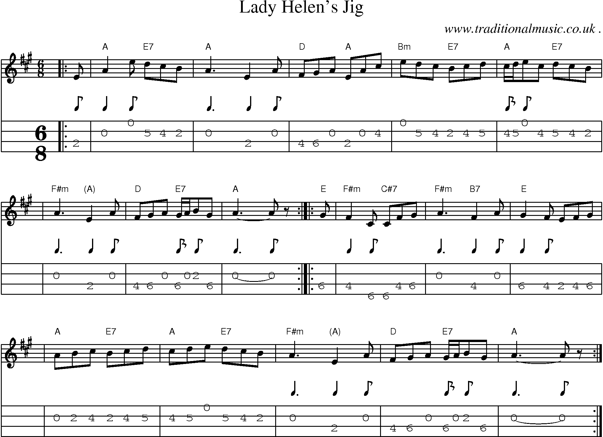 Sheet-music  score, Chords and Mandolin Tabs for Lady Helens Jig