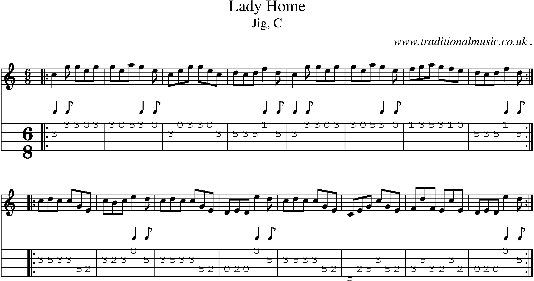 Sheet-music  score, Chords and Mandolin Tabs for Lady Home