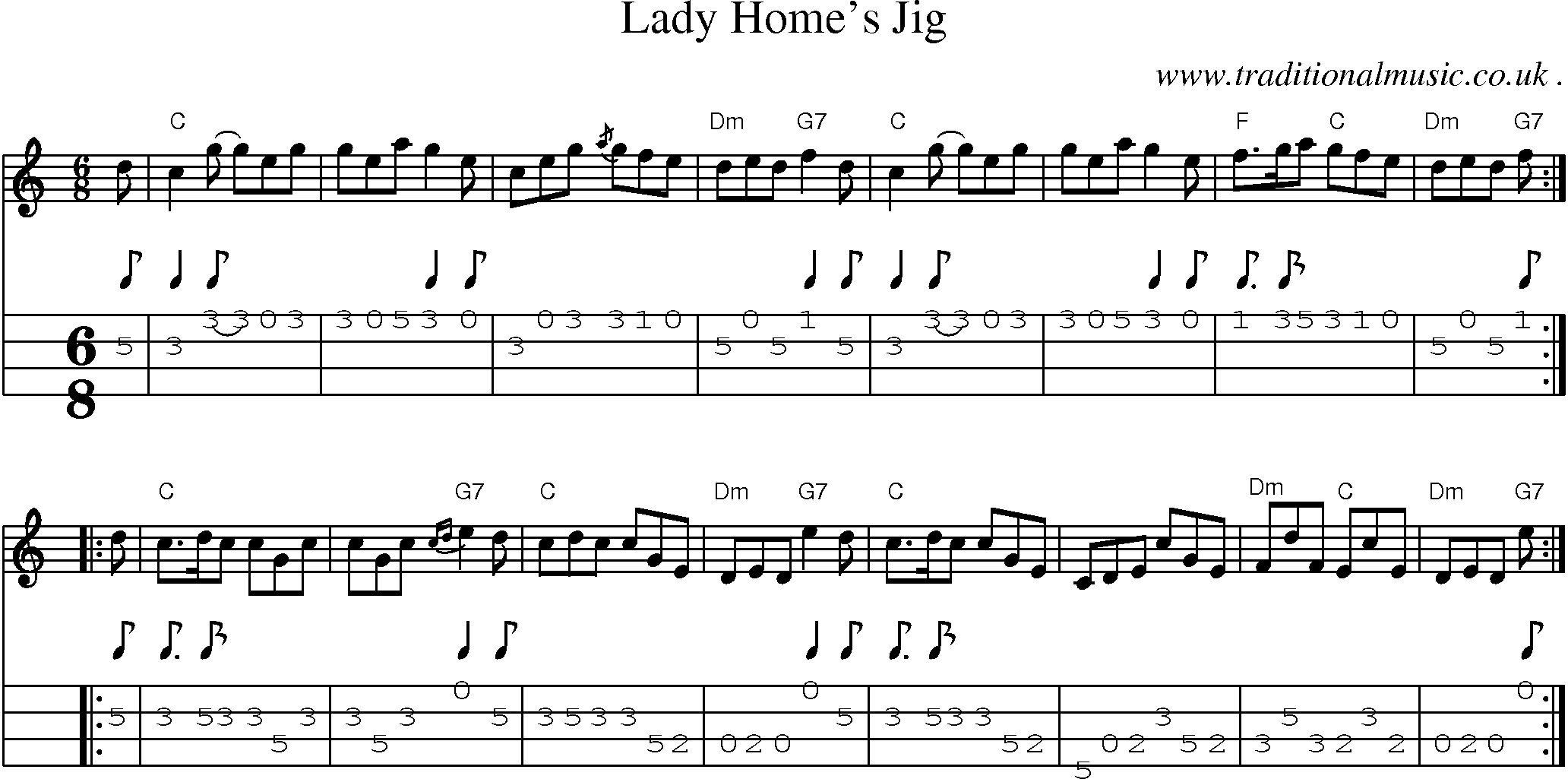 Sheet-music  score, Chords and Mandolin Tabs for Lady Homes Jig