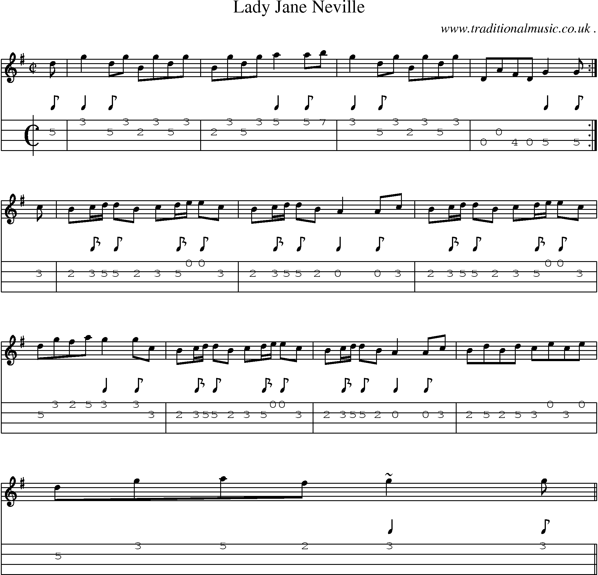 Sheet-music  score, Chords and Mandolin Tabs for Lady Jane Neville