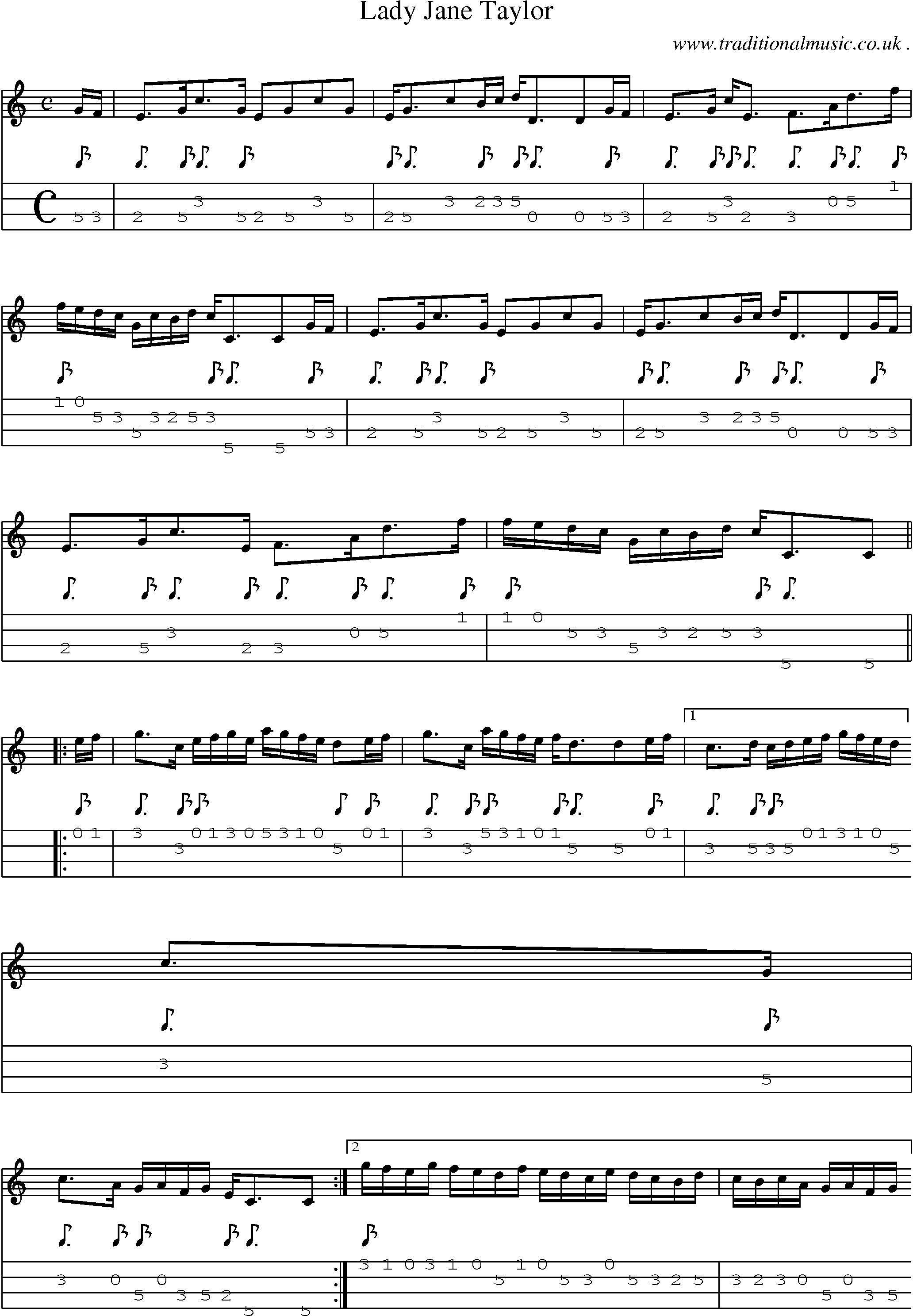 Sheet-music  score, Chords and Mandolin Tabs for Lady Jane Taylor