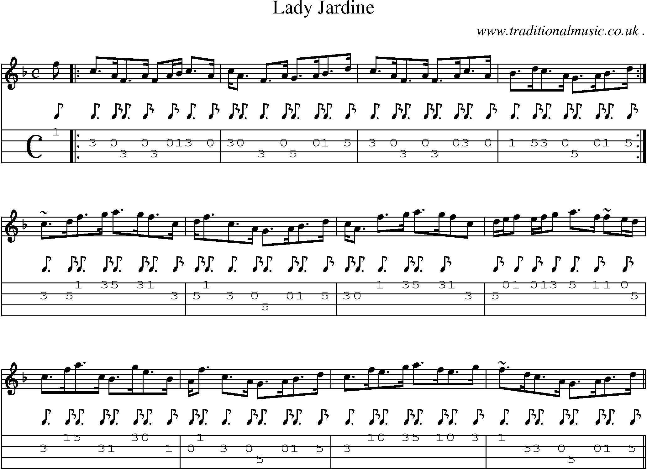 Sheet-music  score, Chords and Mandolin Tabs for Lady Jardine
