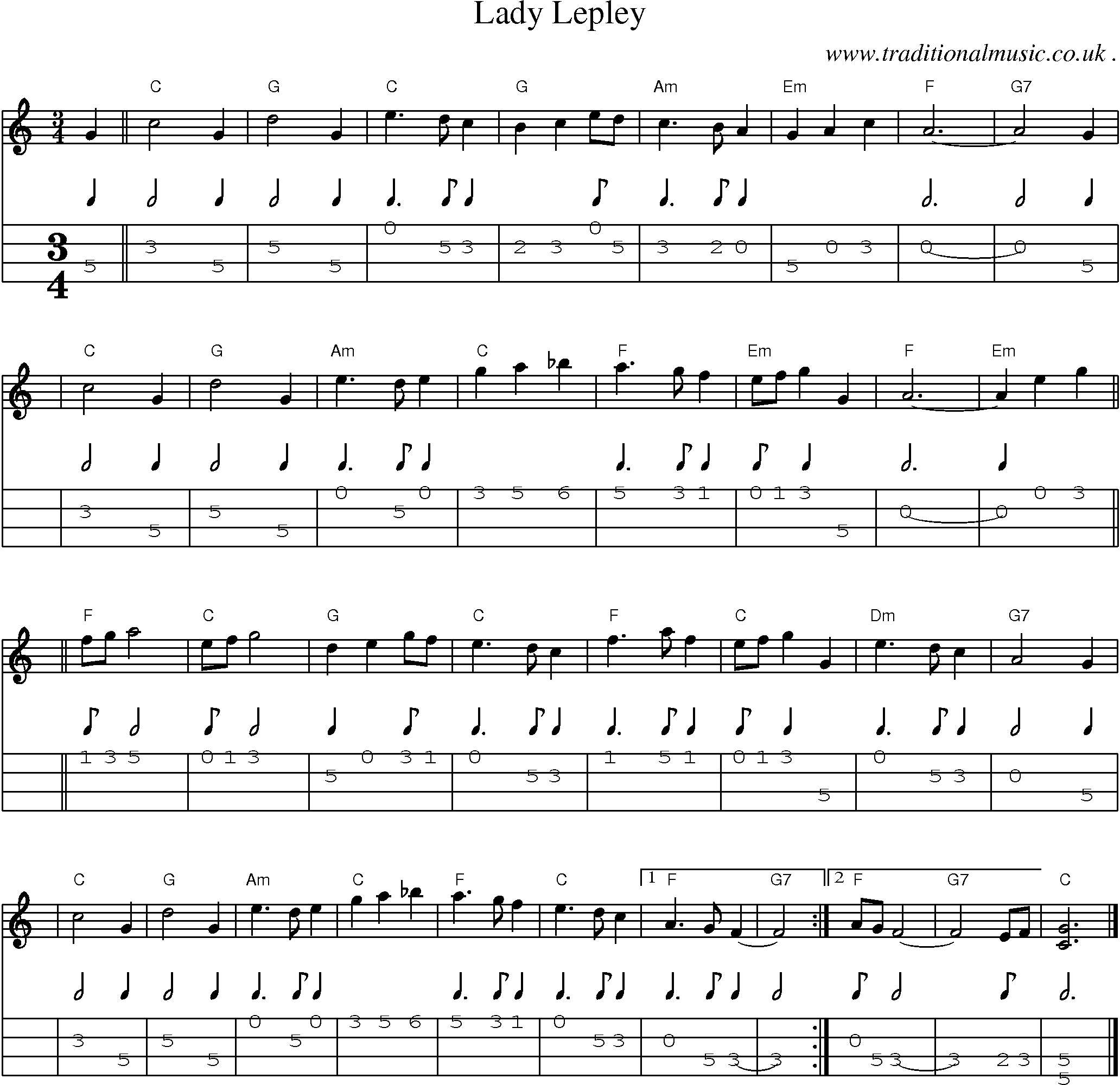 Sheet-music  score, Chords and Mandolin Tabs for Lady Lepley