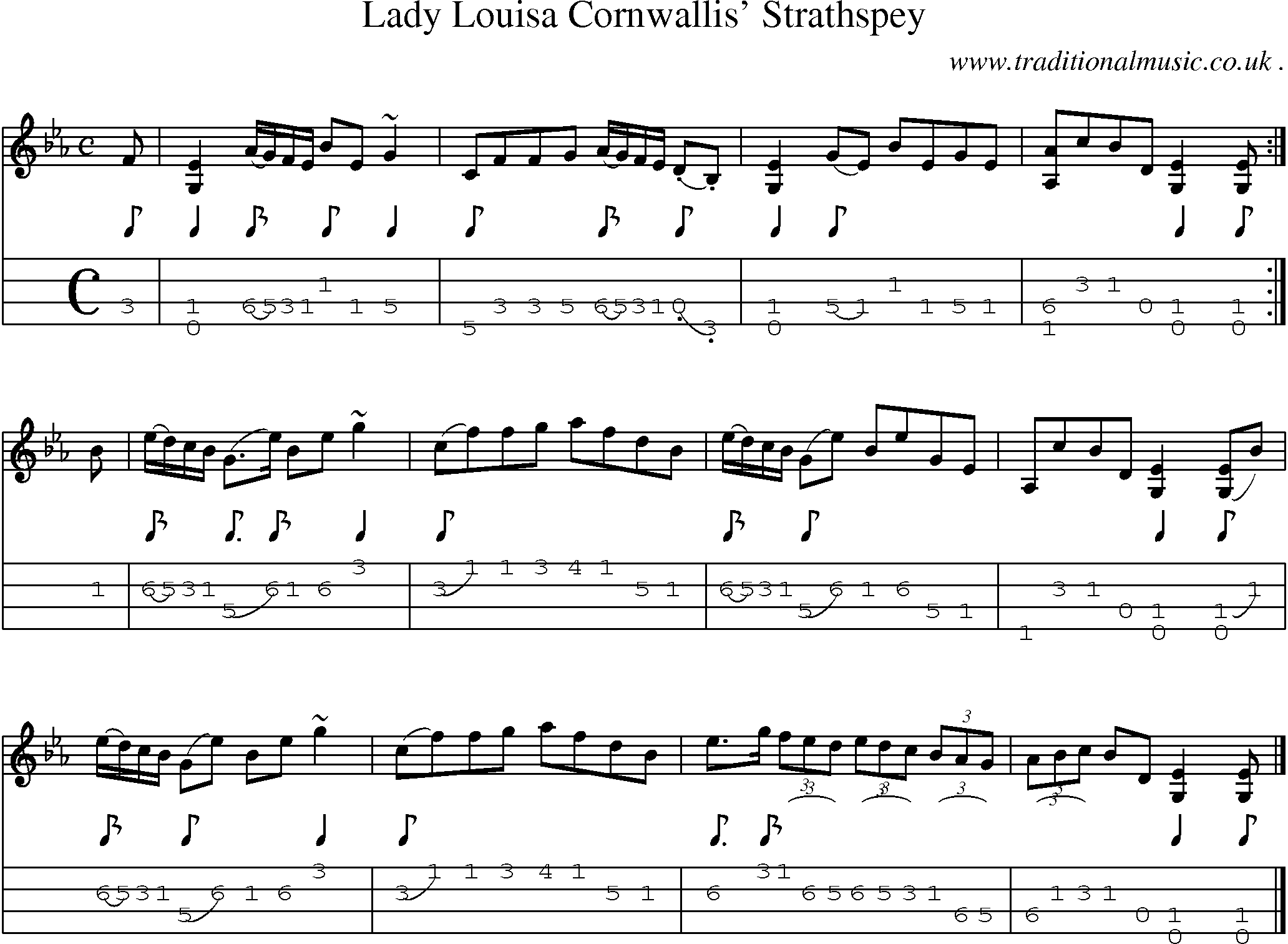 Sheet-music  score, Chords and Mandolin Tabs for Lady Louisa Cornwallis Strathspey