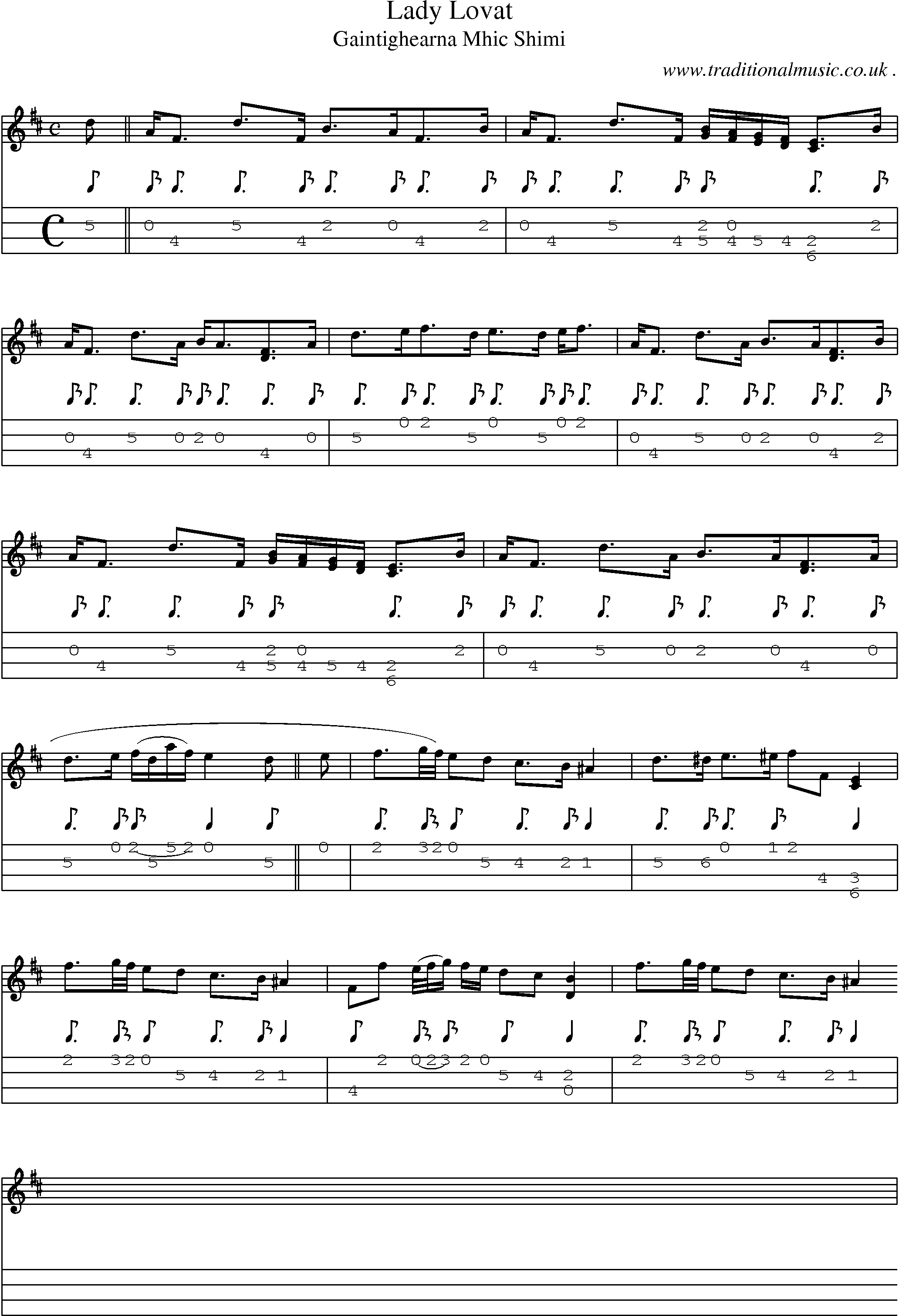 Sheet-music  score, Chords and Mandolin Tabs for Lady Lovat