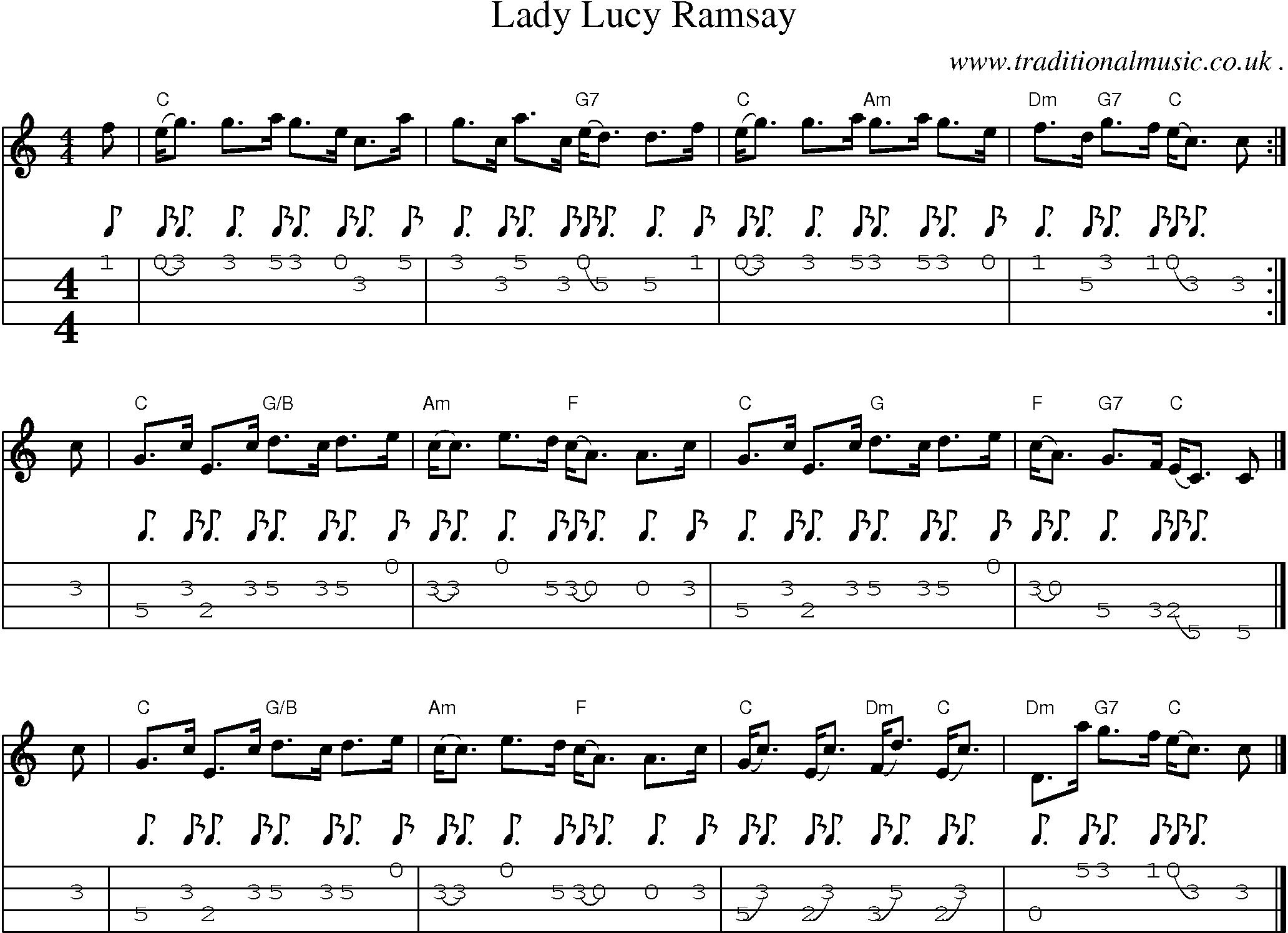 Sheet-music  score, Chords and Mandolin Tabs for Lady Lucy Ramsay