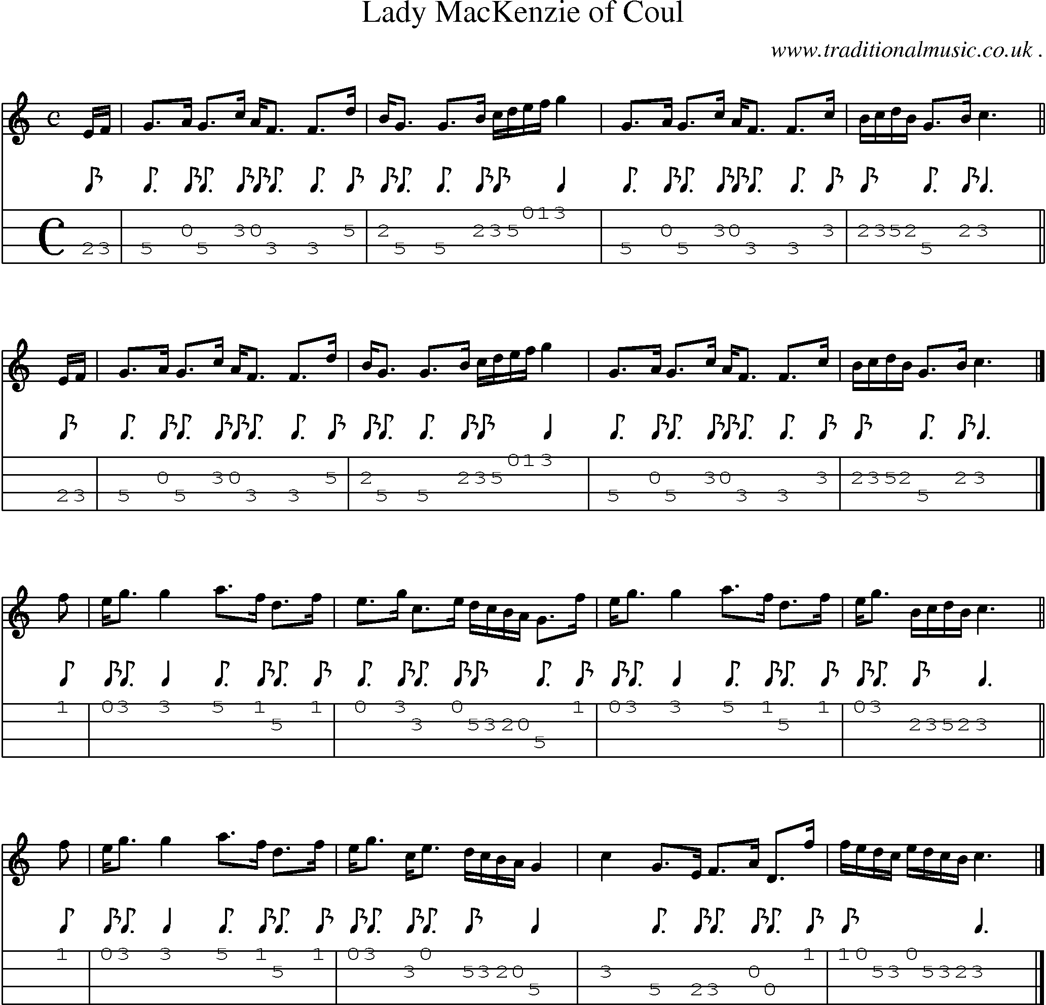 Sheet-music  score, Chords and Mandolin Tabs for Lady Mackenzie Of Coul