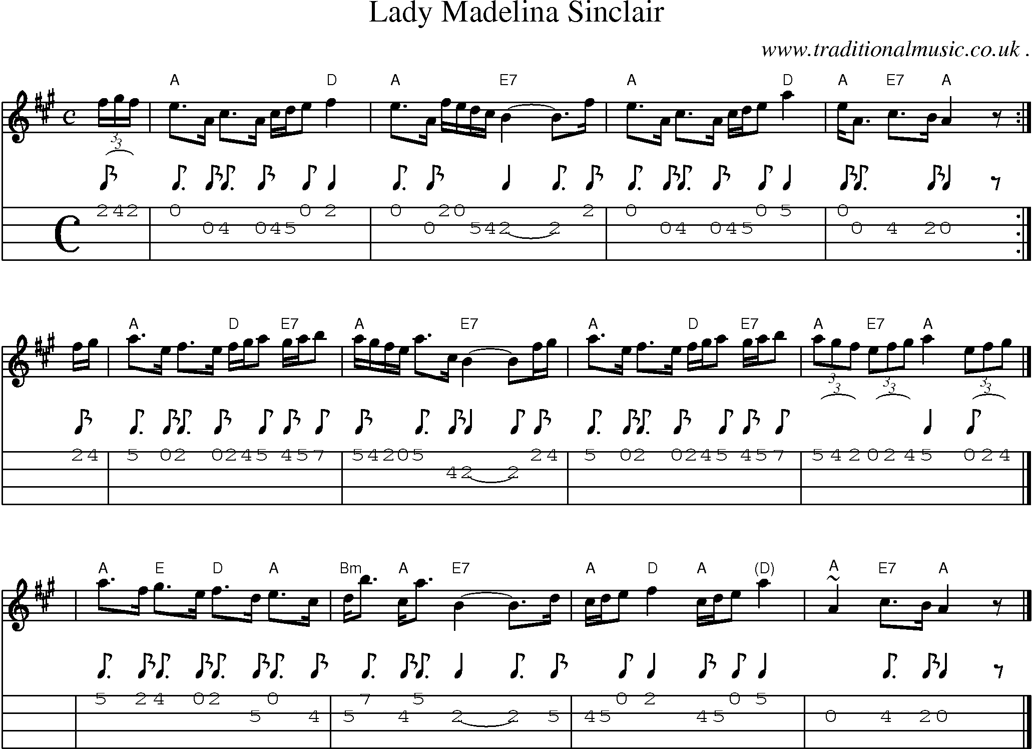 Sheet-music  score, Chords and Mandolin Tabs for Lady Madelina Sinclair