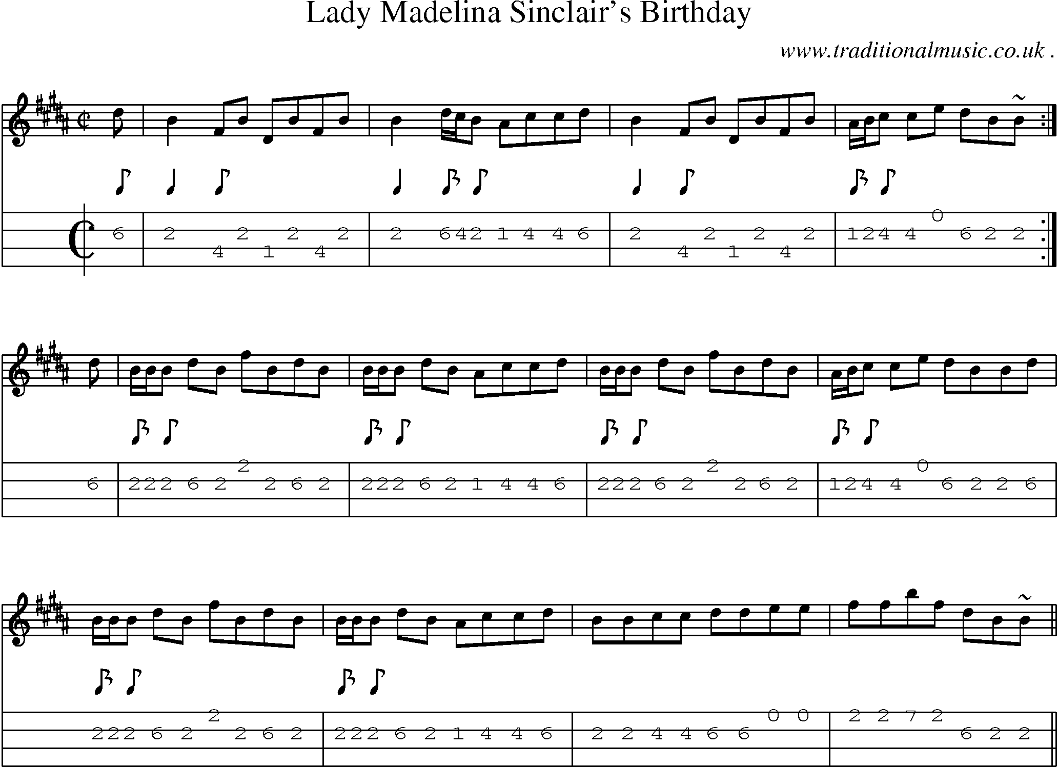 Sheet-music  score, Chords and Mandolin Tabs for Lady Madelina Sinclairs Birthday