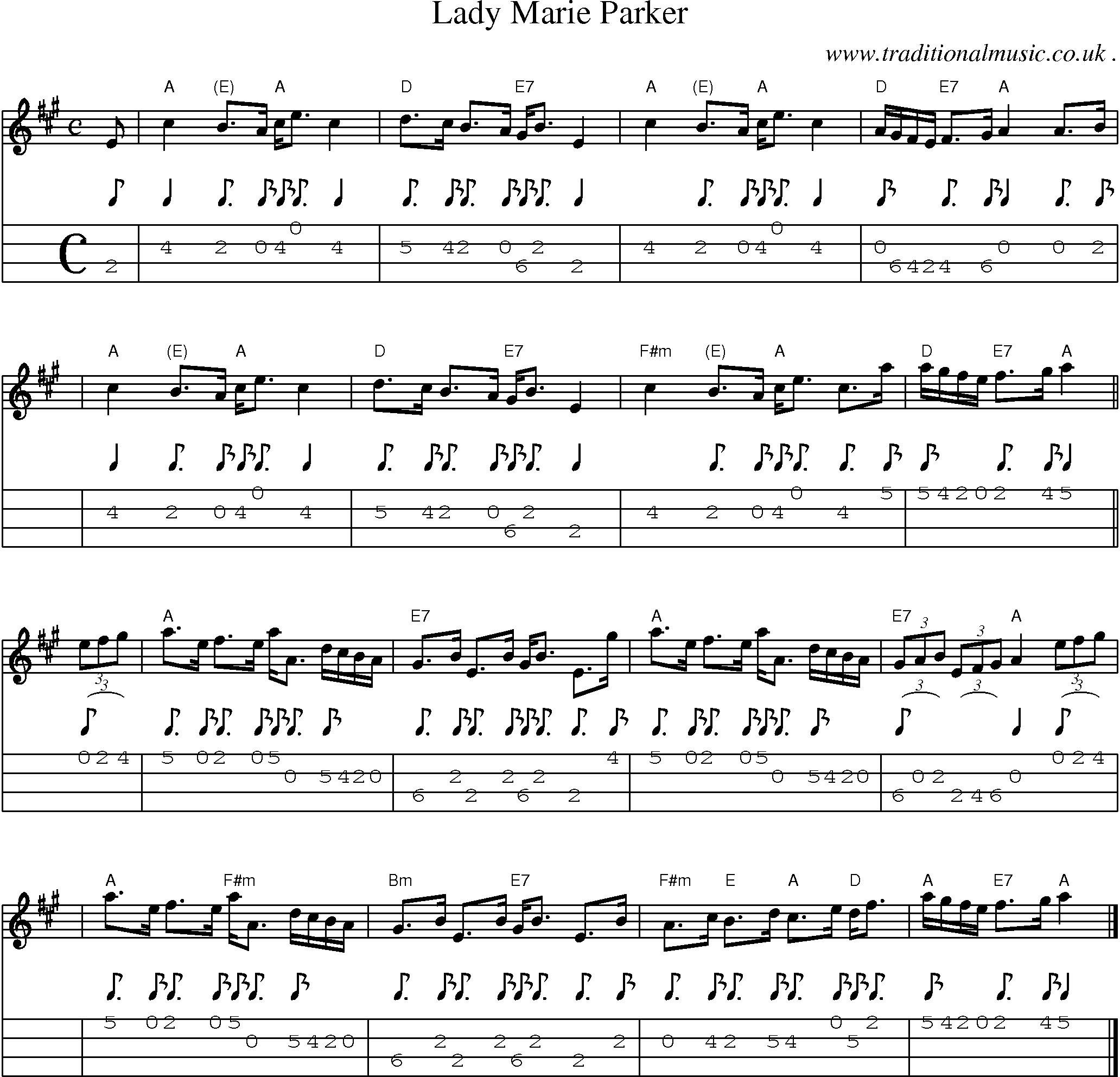 Sheet-music  score, Chords and Mandolin Tabs for Lady Marie Parker
