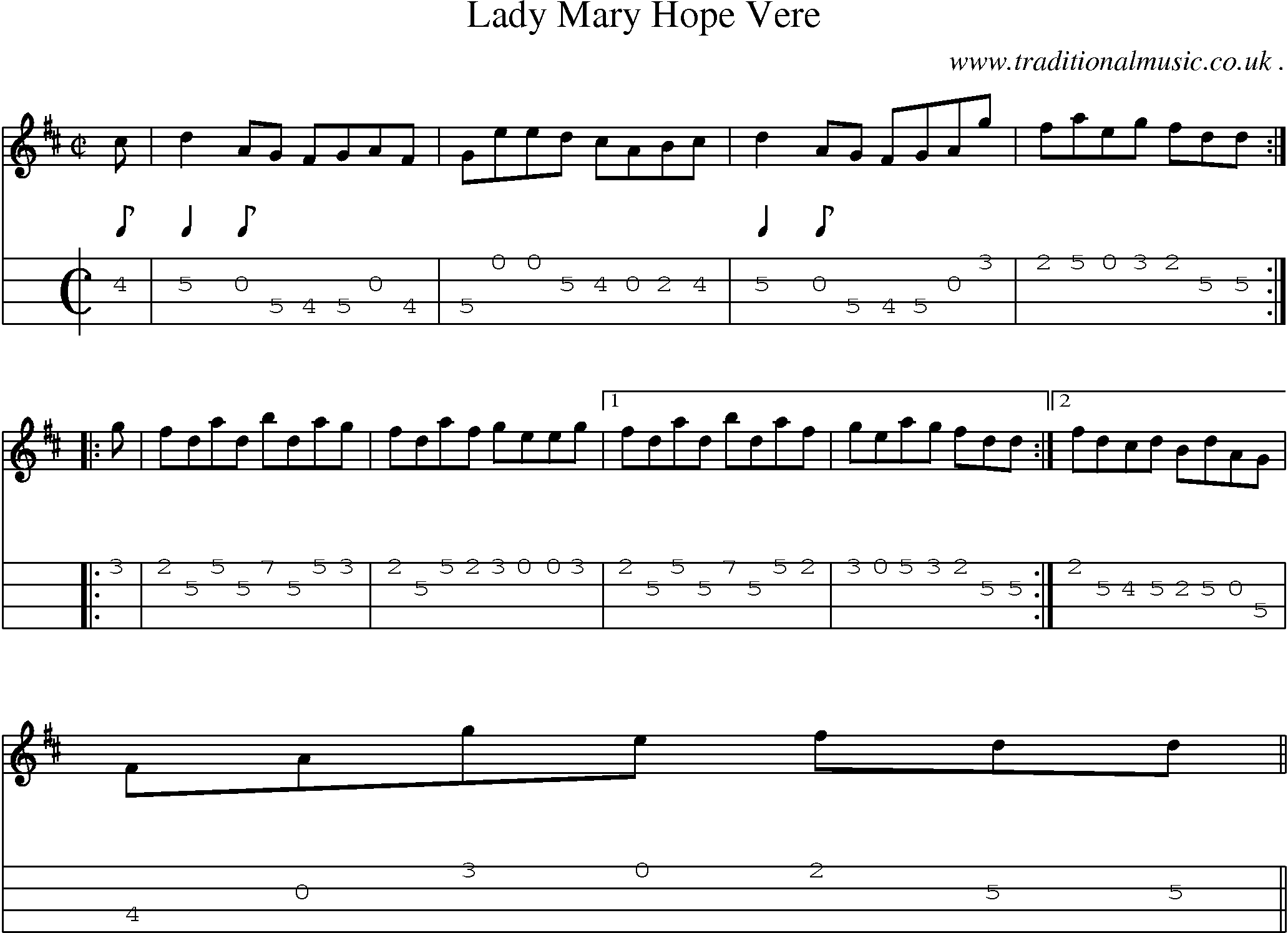 Sheet-music  score, Chords and Mandolin Tabs for Lady Mary Hope Vere
