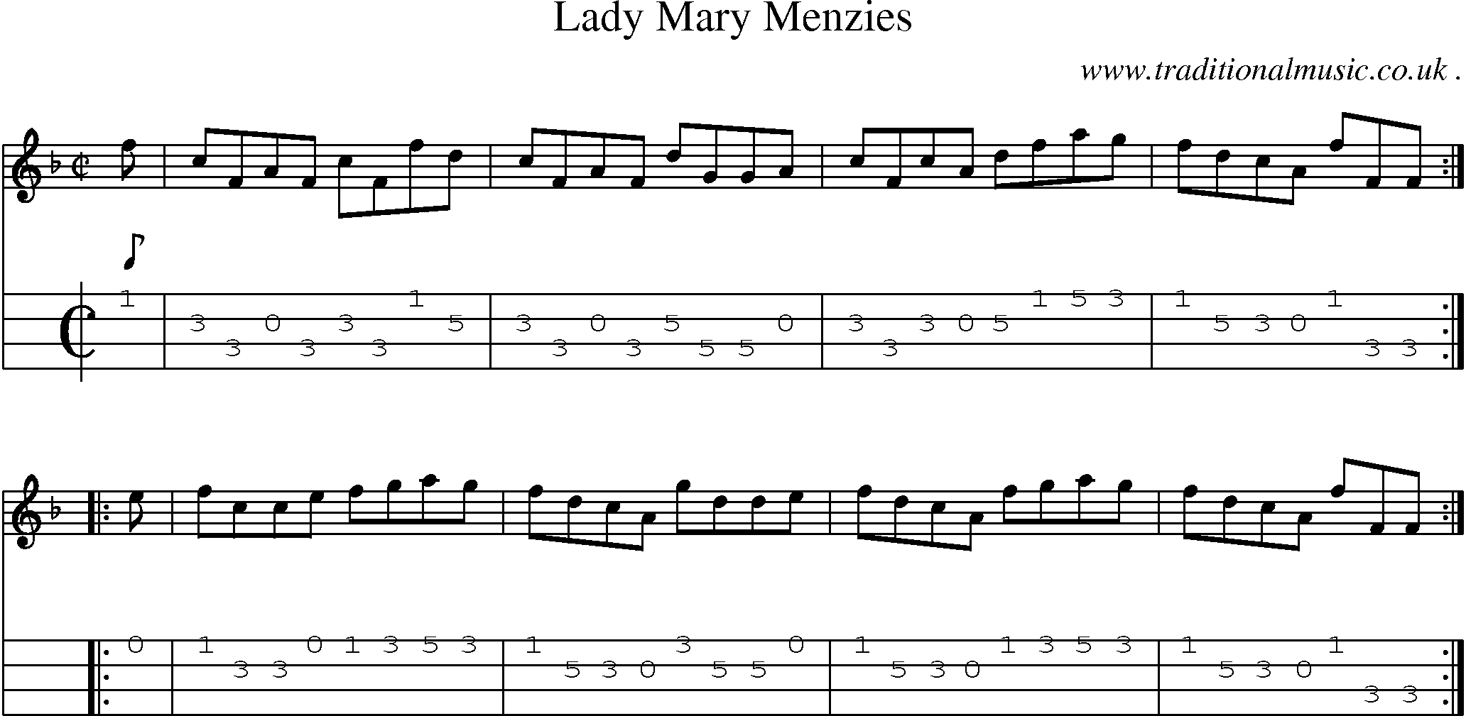 Sheet-music  score, Chords and Mandolin Tabs for Lady Mary Menzies