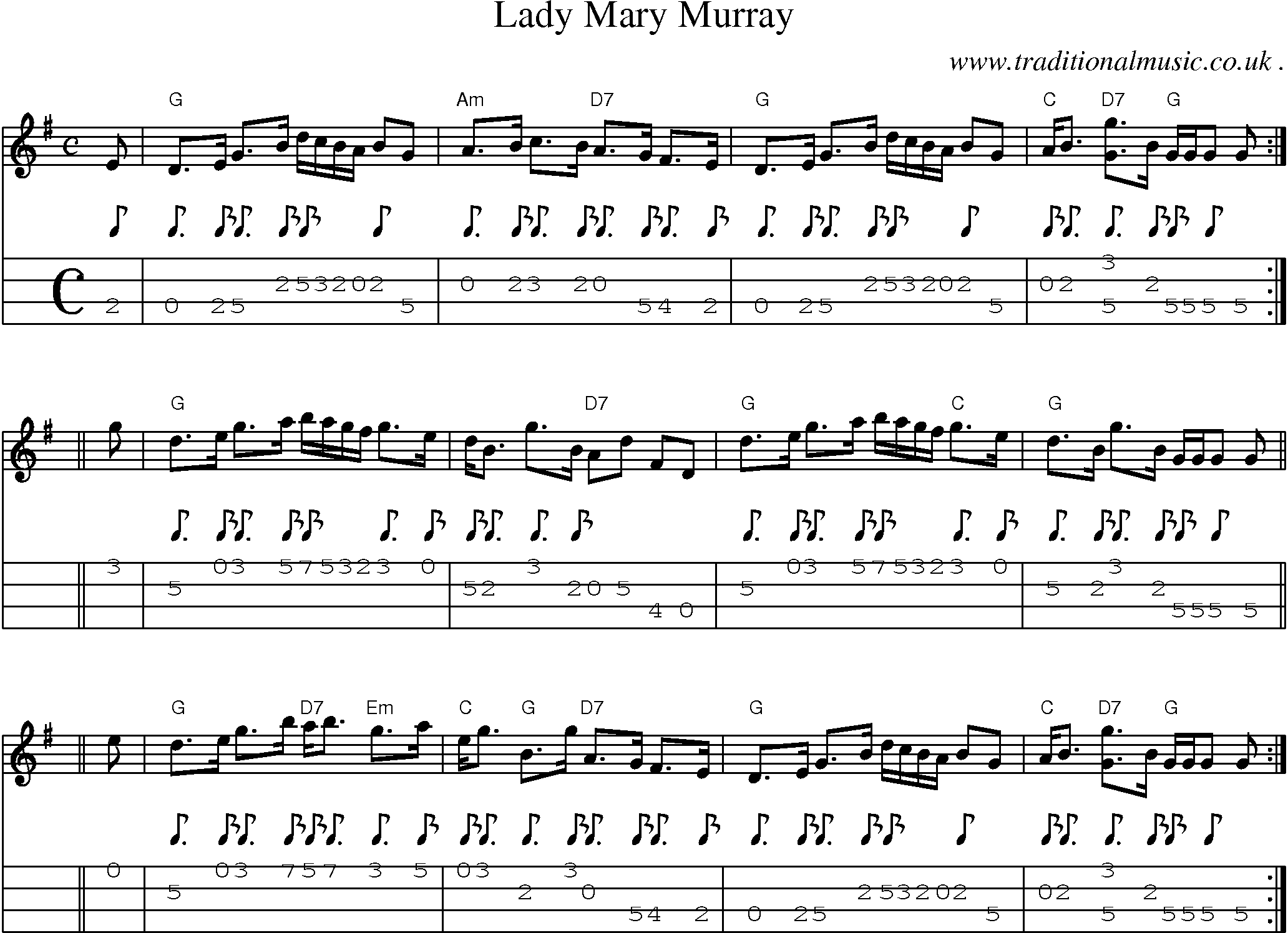 Sheet-music  score, Chords and Mandolin Tabs for Lady Mary Murray