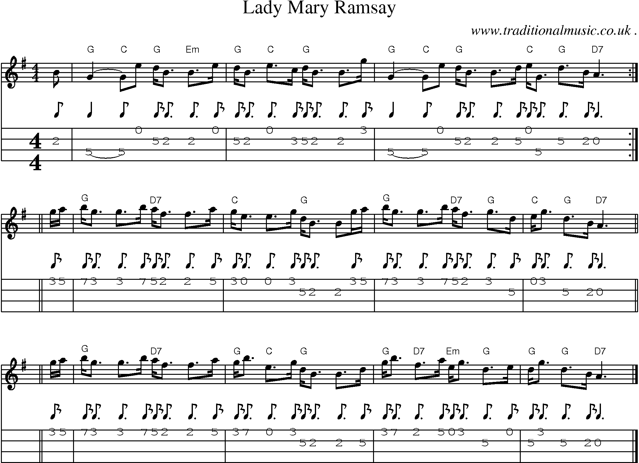 Sheet-music  score, Chords and Mandolin Tabs for Lady Mary Ramsay