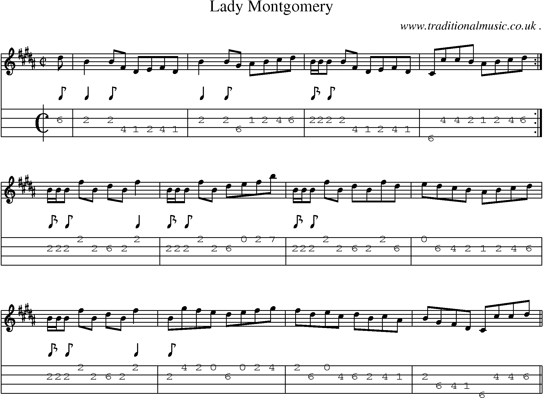Sheet-music  score, Chords and Mandolin Tabs for Lady Montgomery