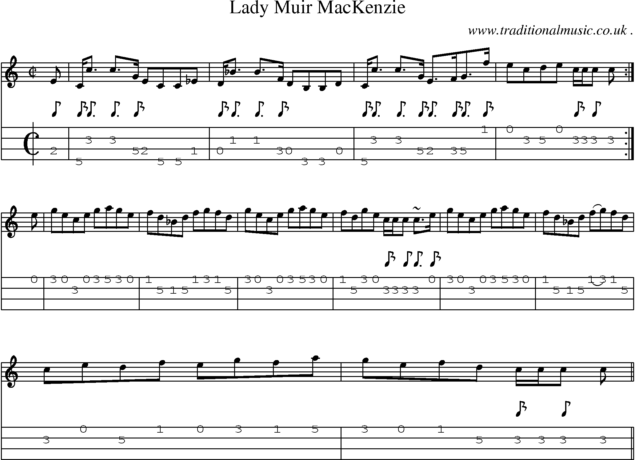 Sheet-music  score, Chords and Mandolin Tabs for Lady Muir Mackenzie