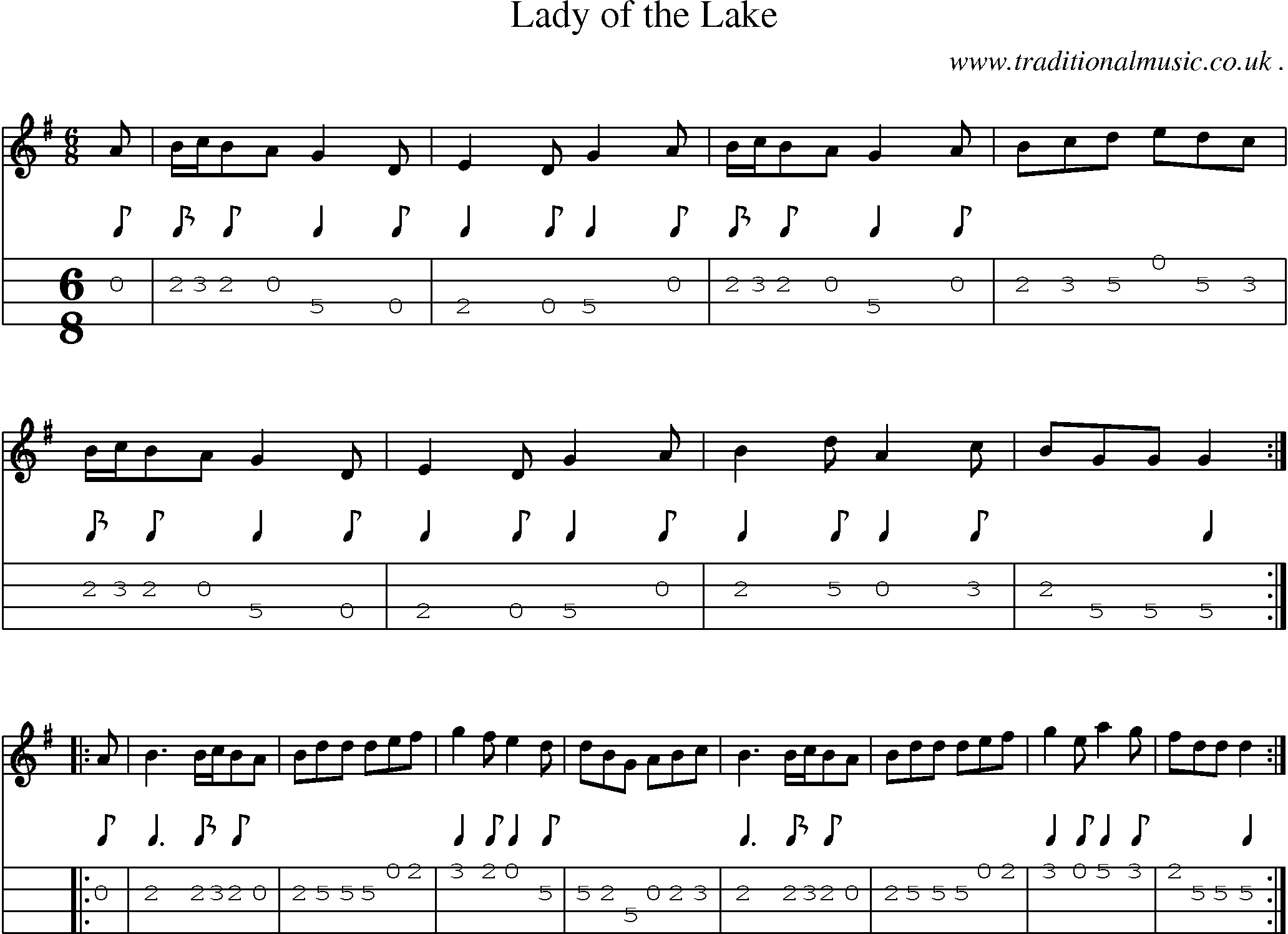 Sheet-music  score, Chords and Mandolin Tabs for Lady Of The Lake