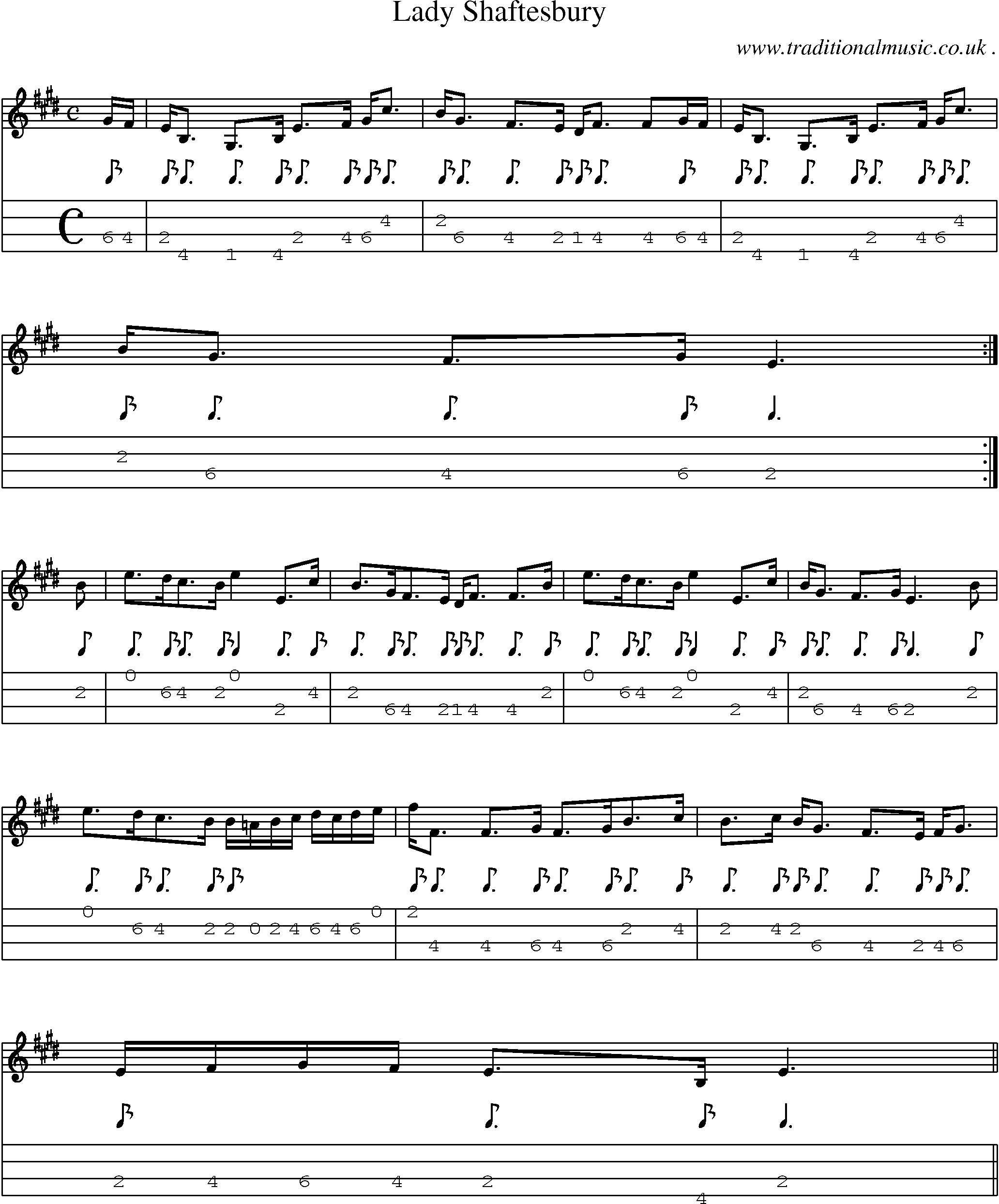 Sheet-music  score, Chords and Mandolin Tabs for Lady Shaftesbury