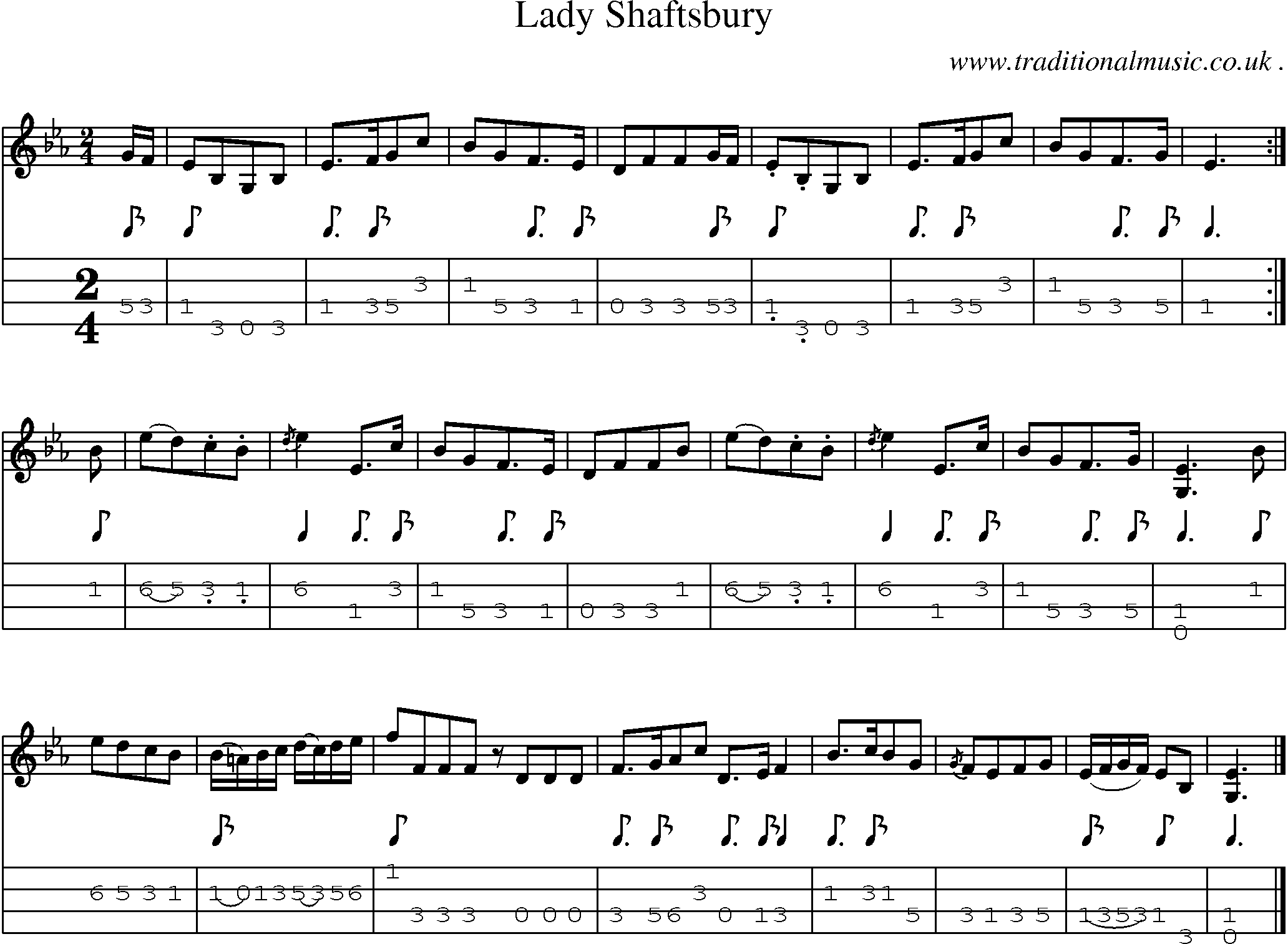 Sheet-music  score, Chords and Mandolin Tabs for Lady Shaftsbury