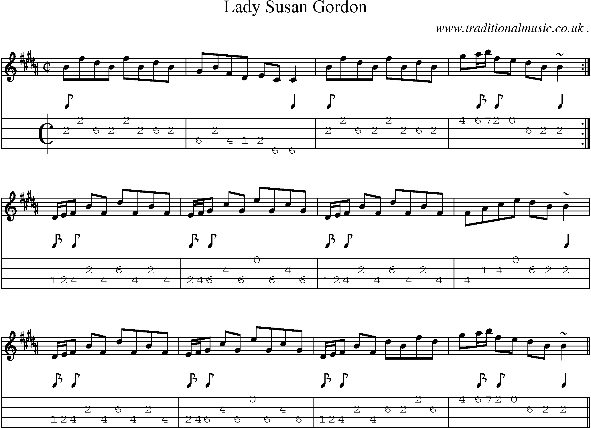 Sheet-music  score, Chords and Mandolin Tabs for Lady Susan Gordon