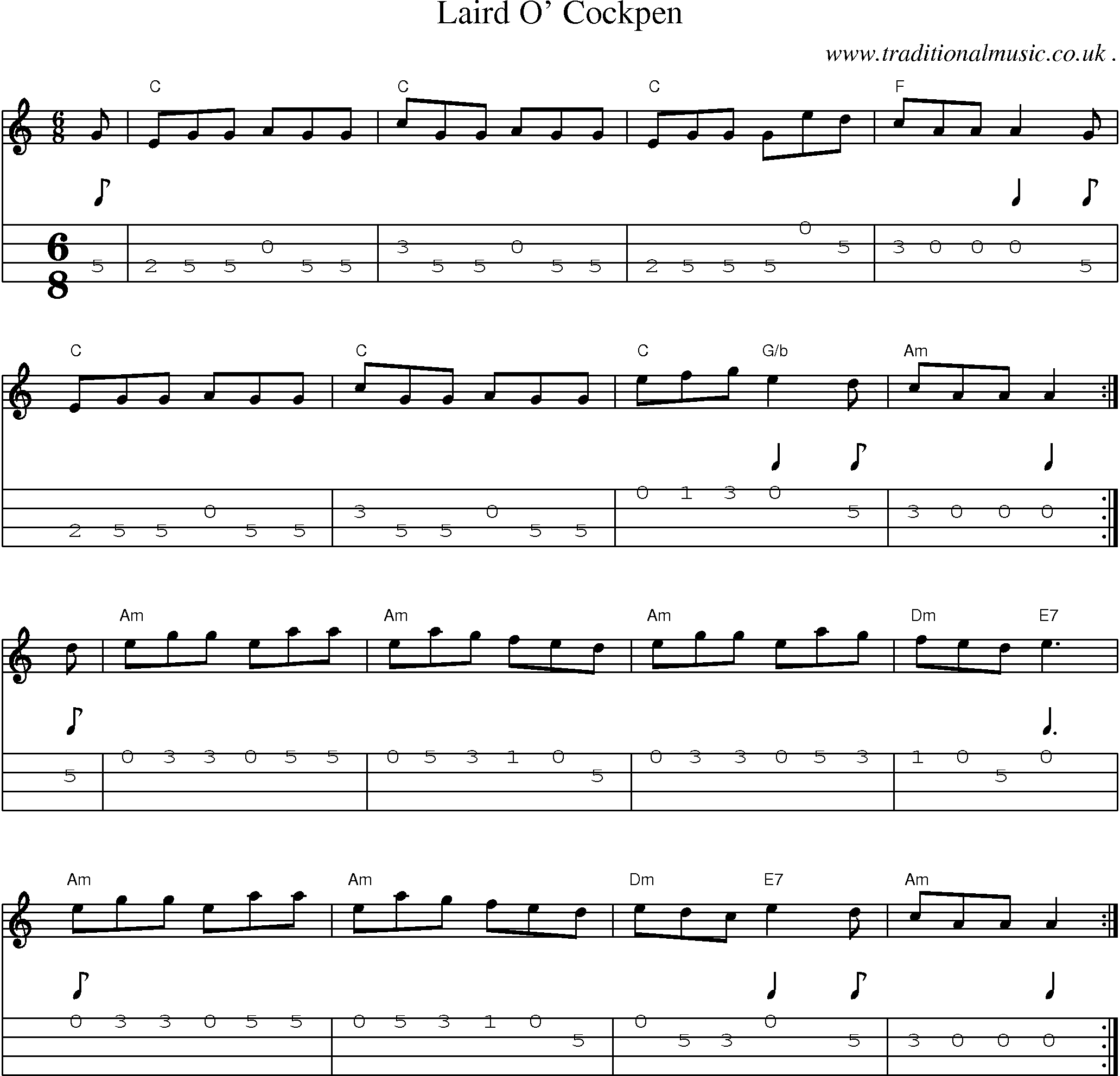 Sheet-music  score, Chords and Mandolin Tabs for Laird O Cockpen