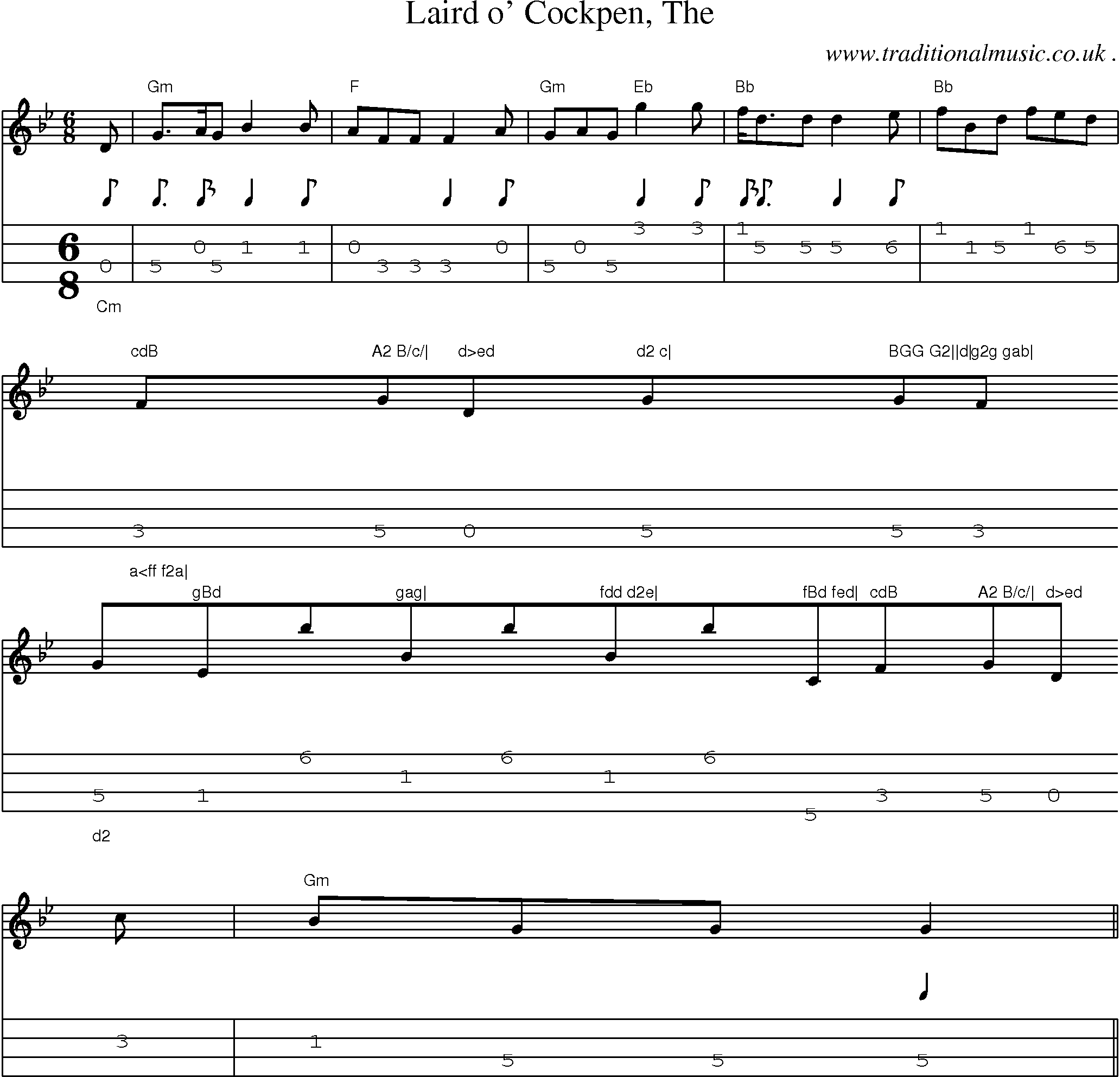 Sheet-music  score, Chords and Mandolin Tabs for Laird O Cockpen The
