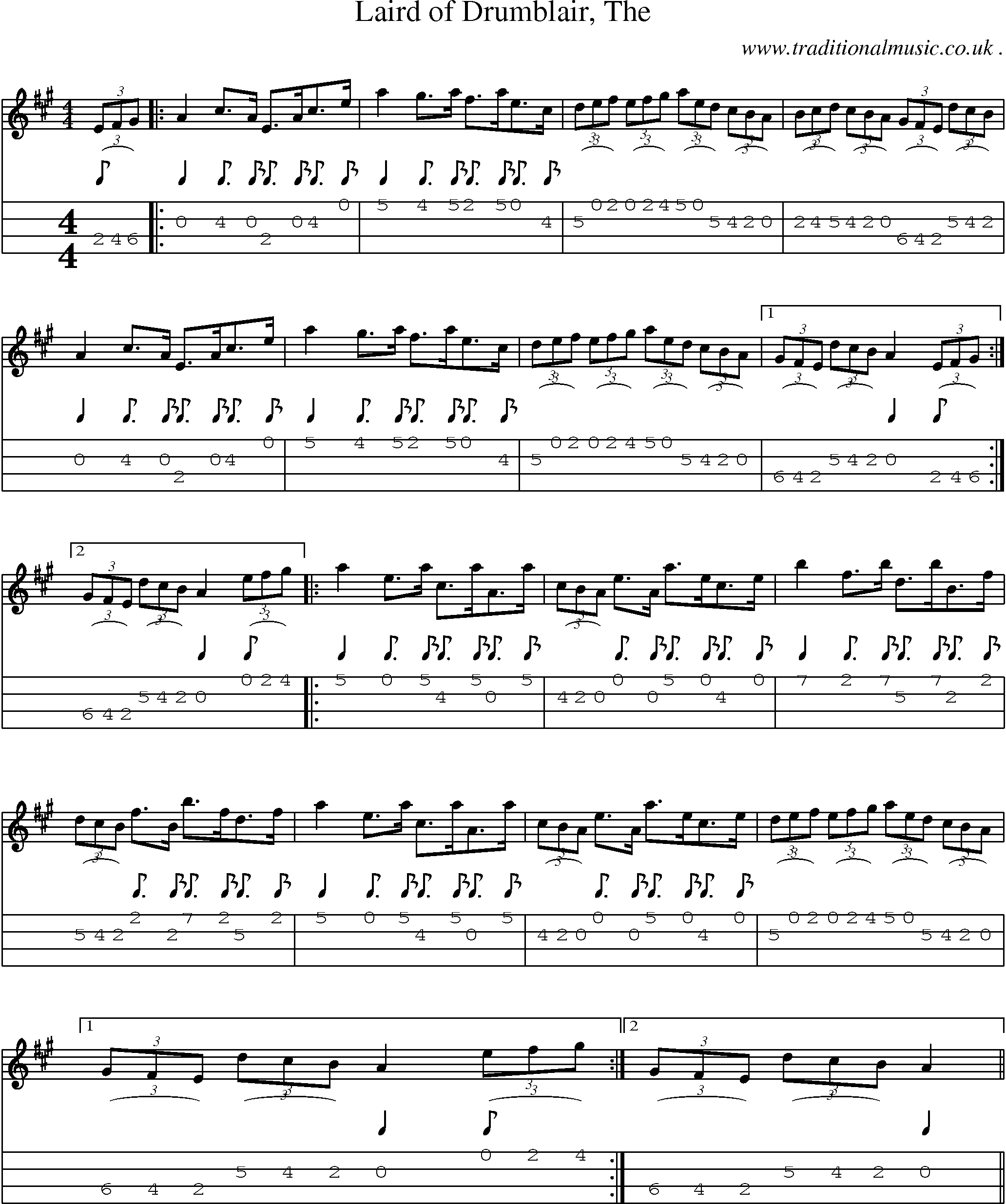 Sheet-music  score, Chords and Mandolin Tabs for Laird Of Drumblair The
