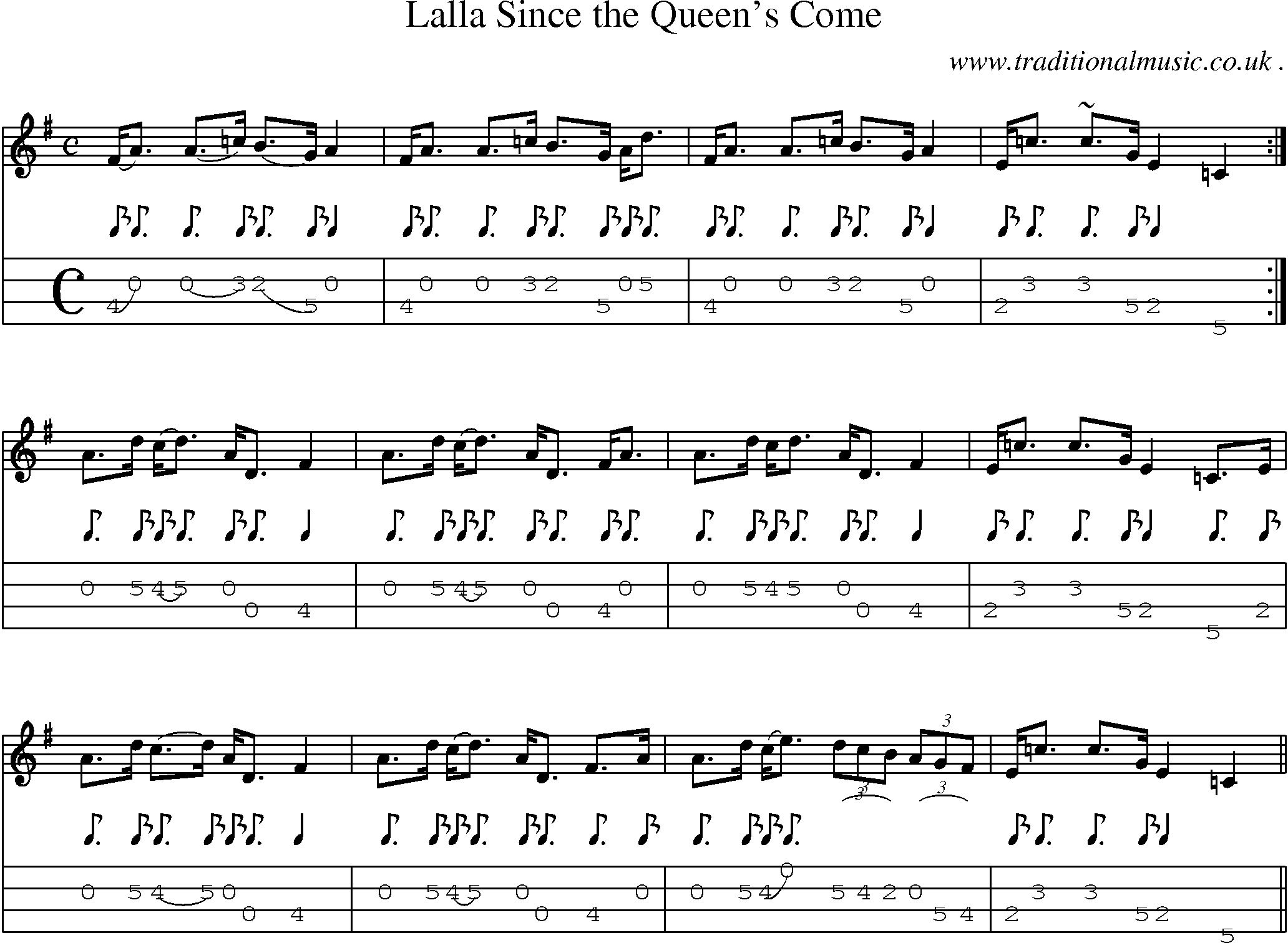 Sheet-music  score, Chords and Mandolin Tabs for Lalla Since The Queens Come