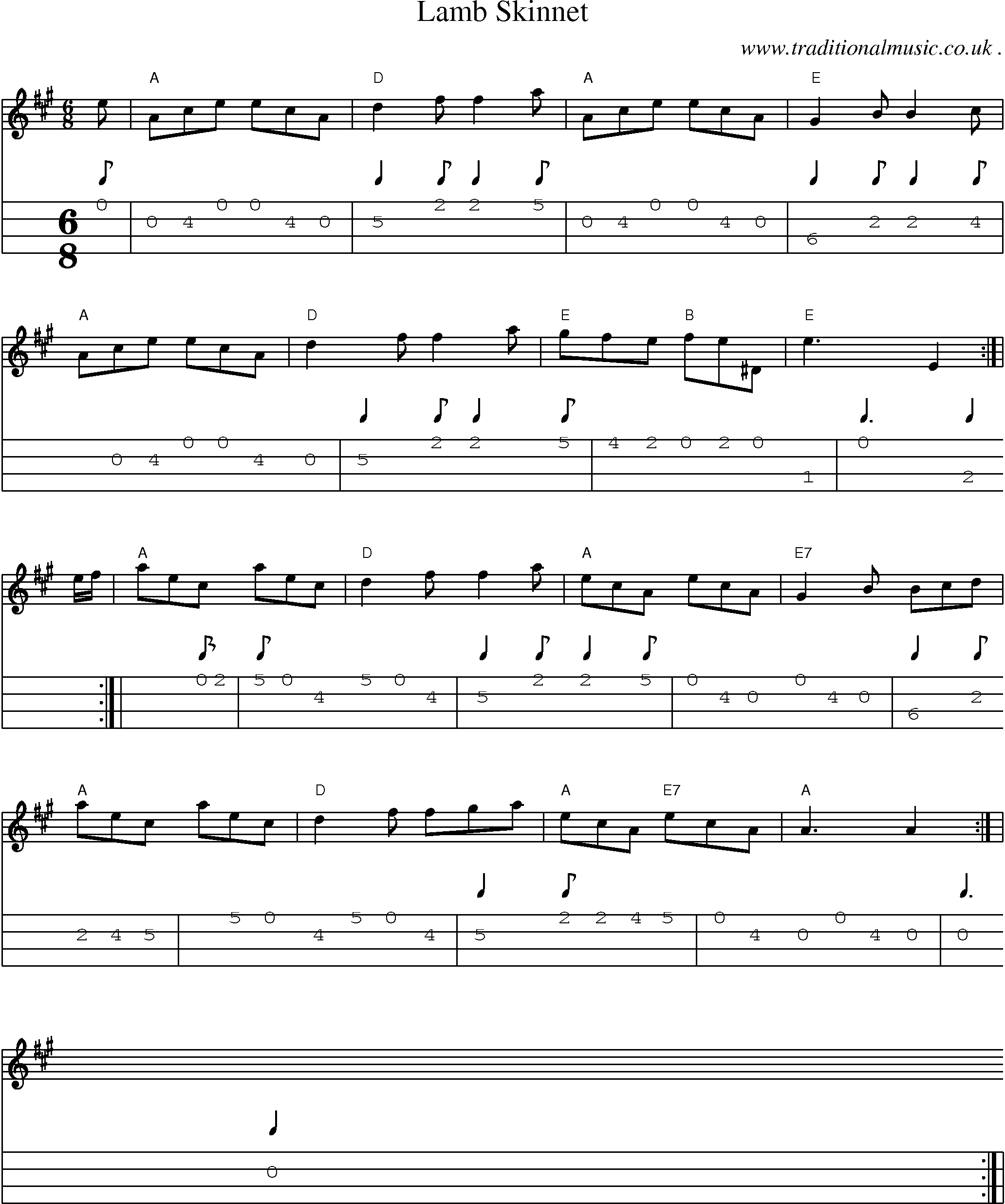 Sheet-music  score, Chords and Mandolin Tabs for Lamb Skinnet