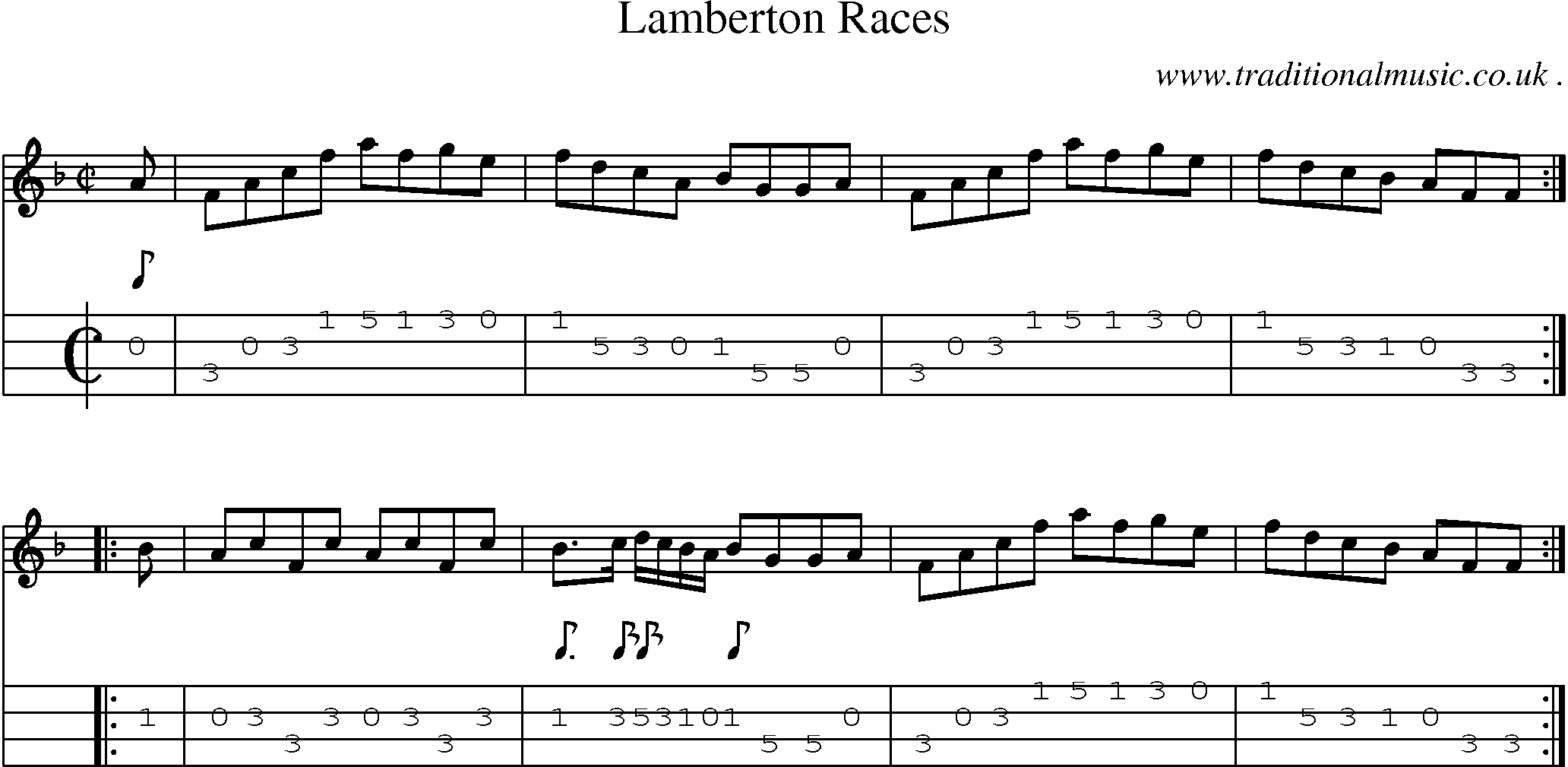 Sheet-music  score, Chords and Mandolin Tabs for Lamberton Races