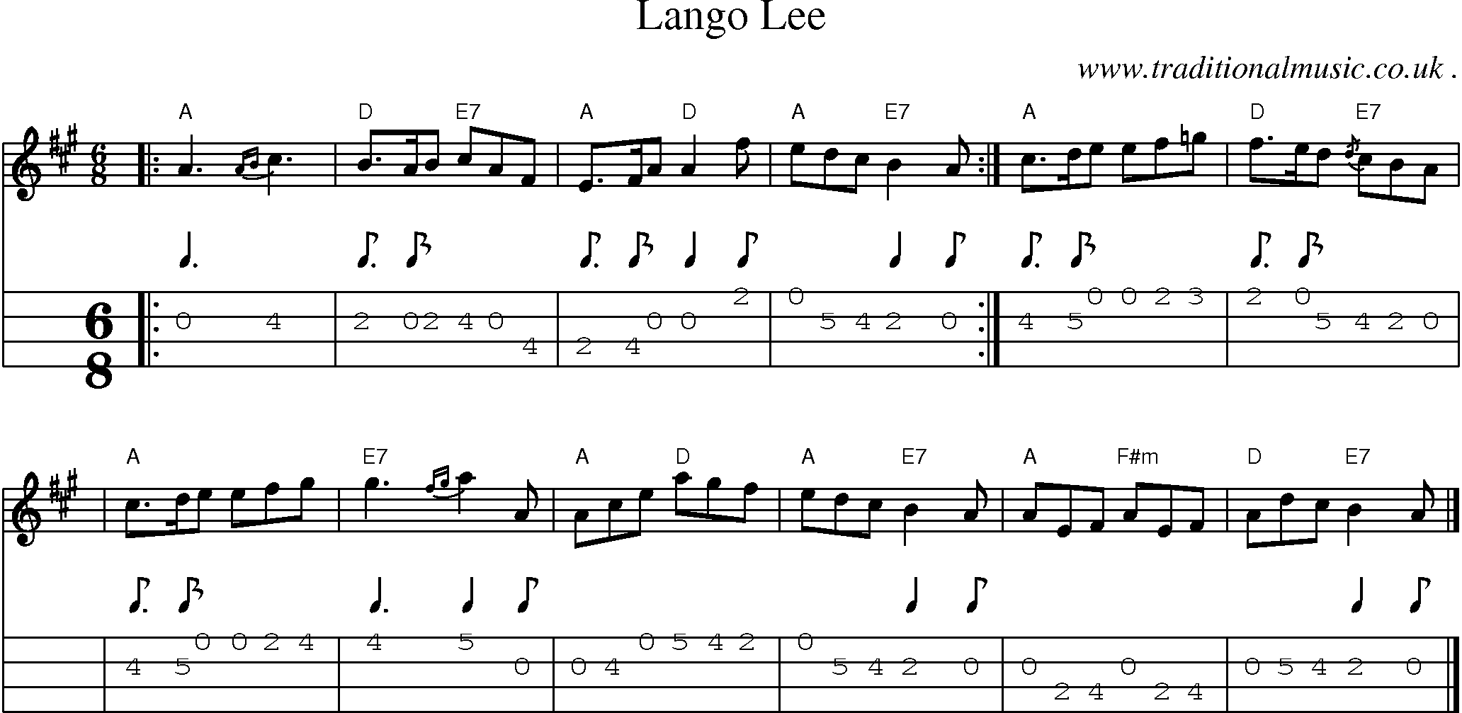 Sheet-music  score, Chords and Mandolin Tabs for Lango Lee