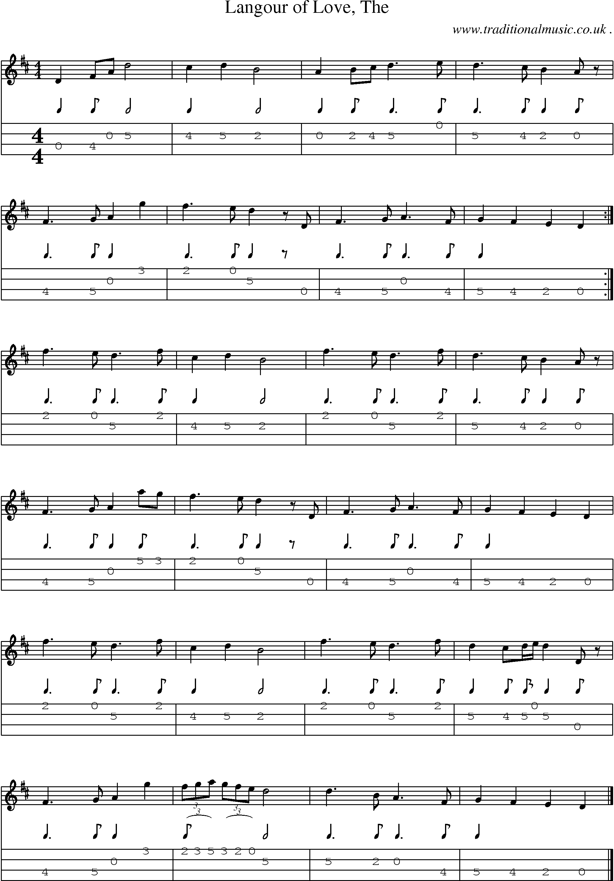 Sheet-music  score, Chords and Mandolin Tabs for Langour Of Love The
