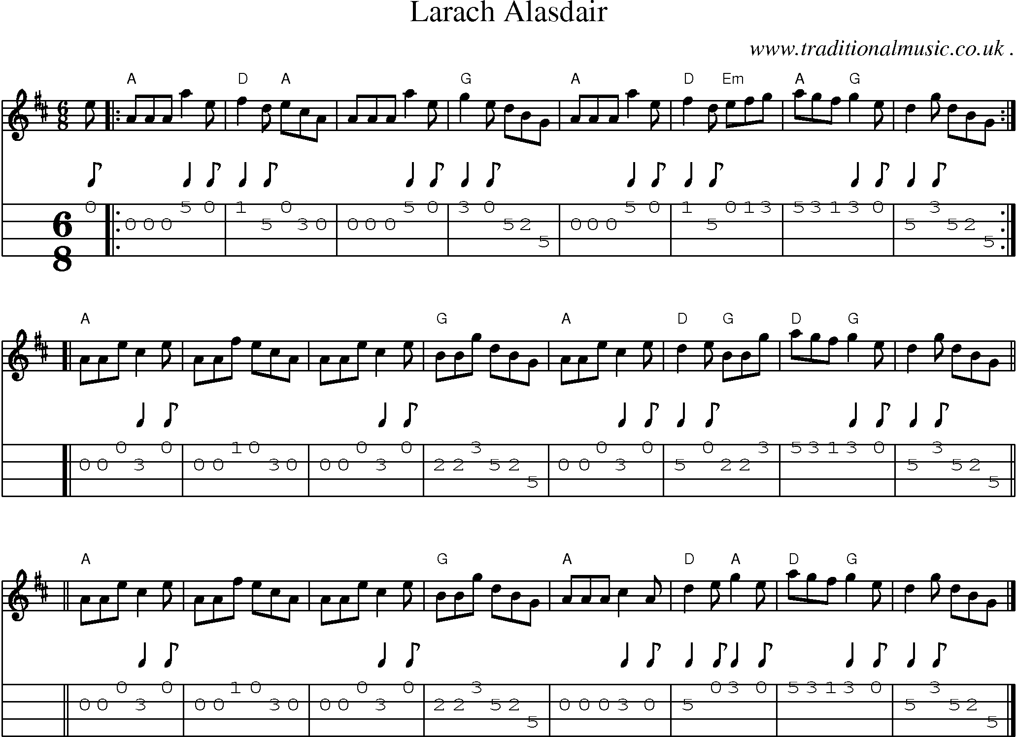 Sheet-music  score, Chords and Mandolin Tabs for Larach Alasdair