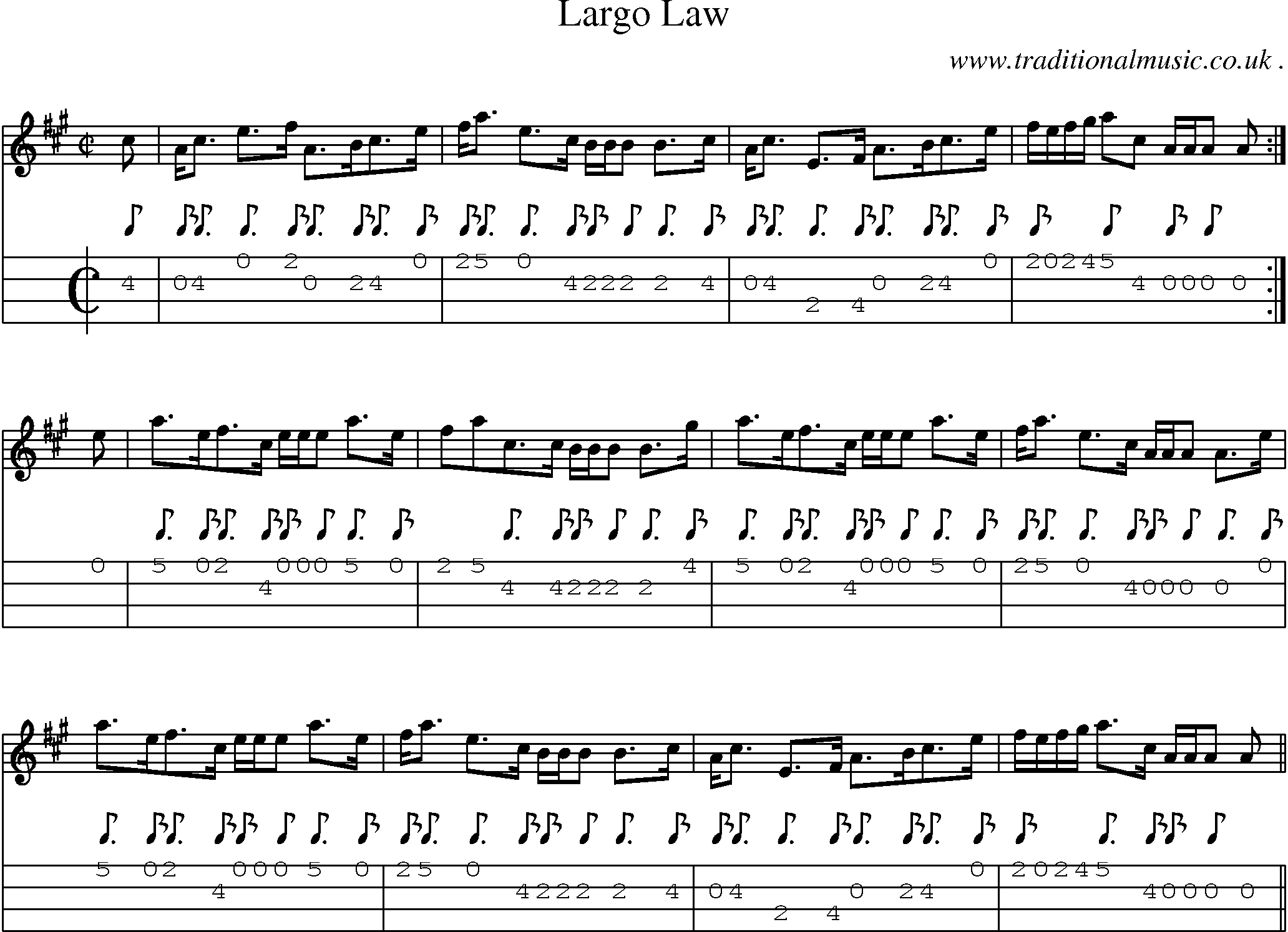 Sheet-music  score, Chords and Mandolin Tabs for Largo Law